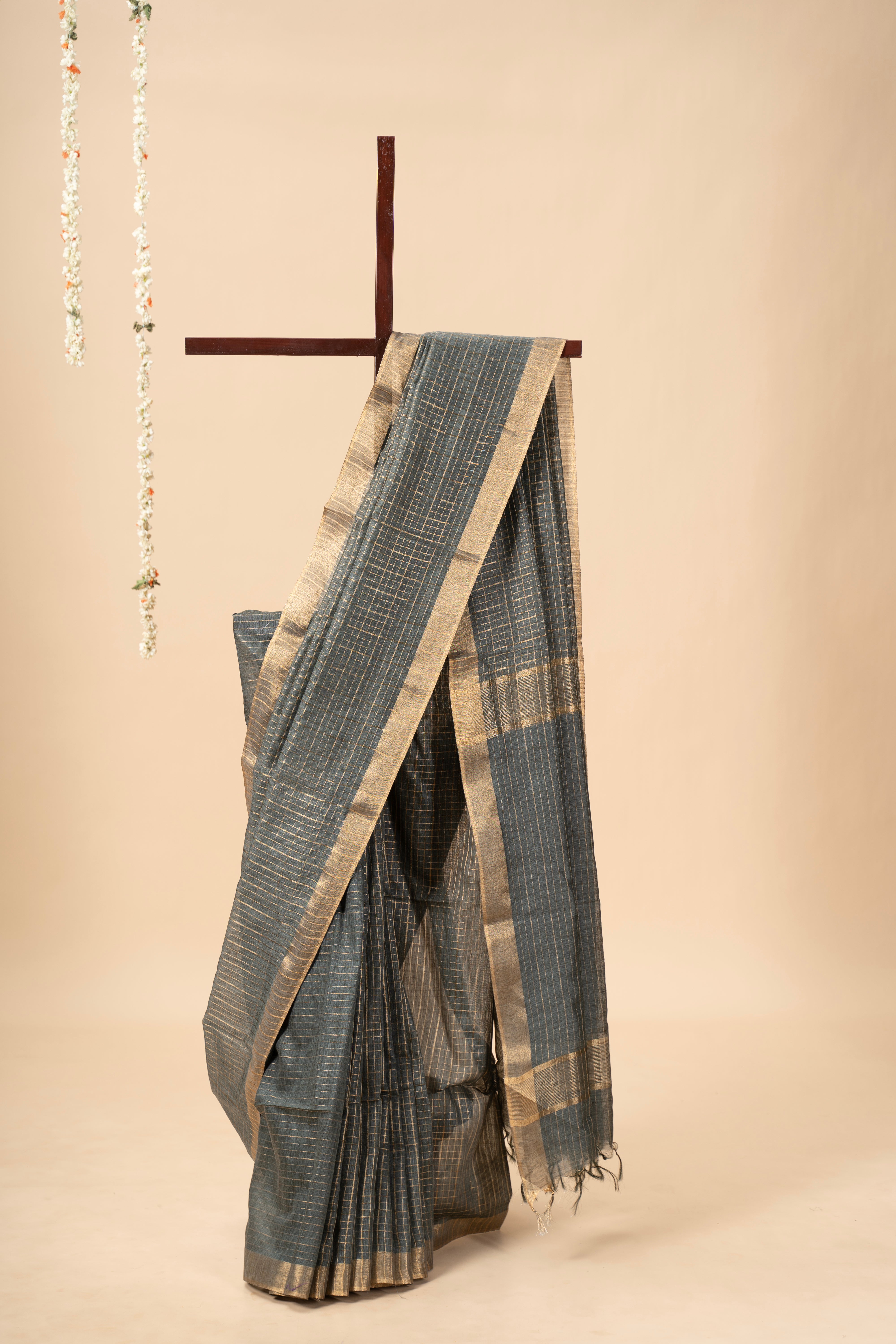 Charcol Grey Check Patterned Semi Tussar Silk Saree With Golden Zari