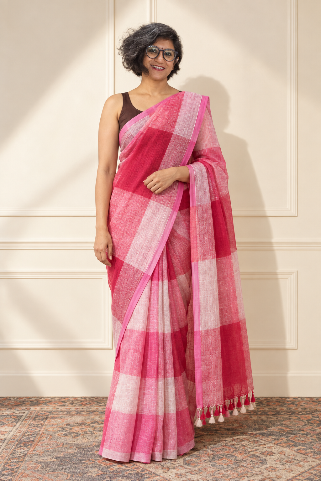 Red Pik white Linen by Linen saree