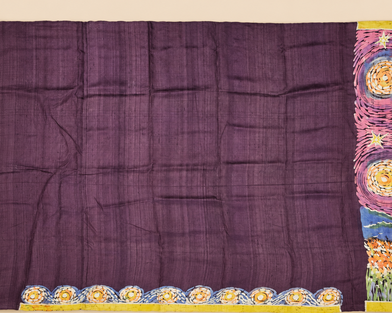 Rose purple, indigo, mustard yellow, orange and green Handpainted Abstract Batik art on silk