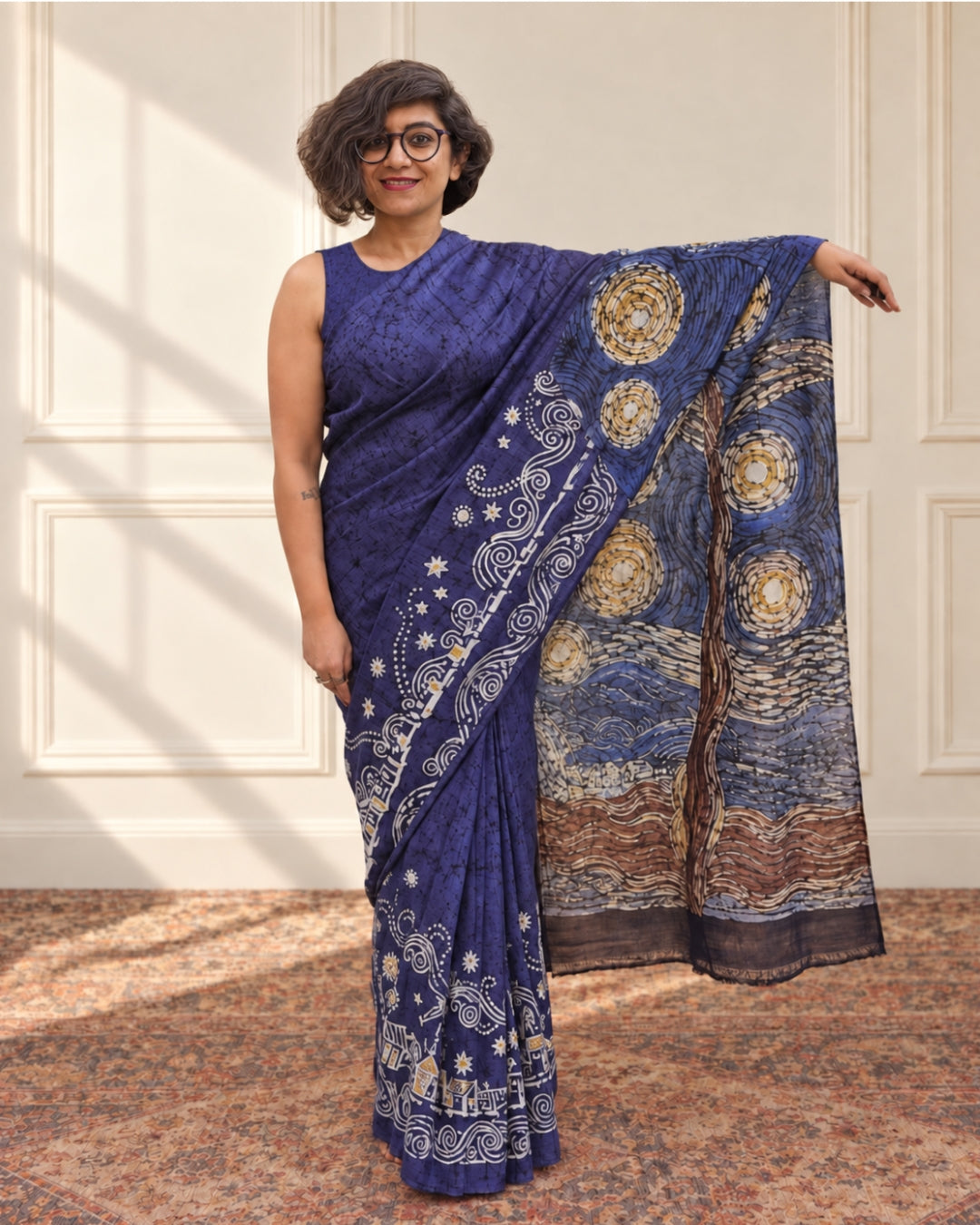 Indigo blue, yellow, ivory, silver-grey, brown and black Handpainted Abstract Batik art on silk