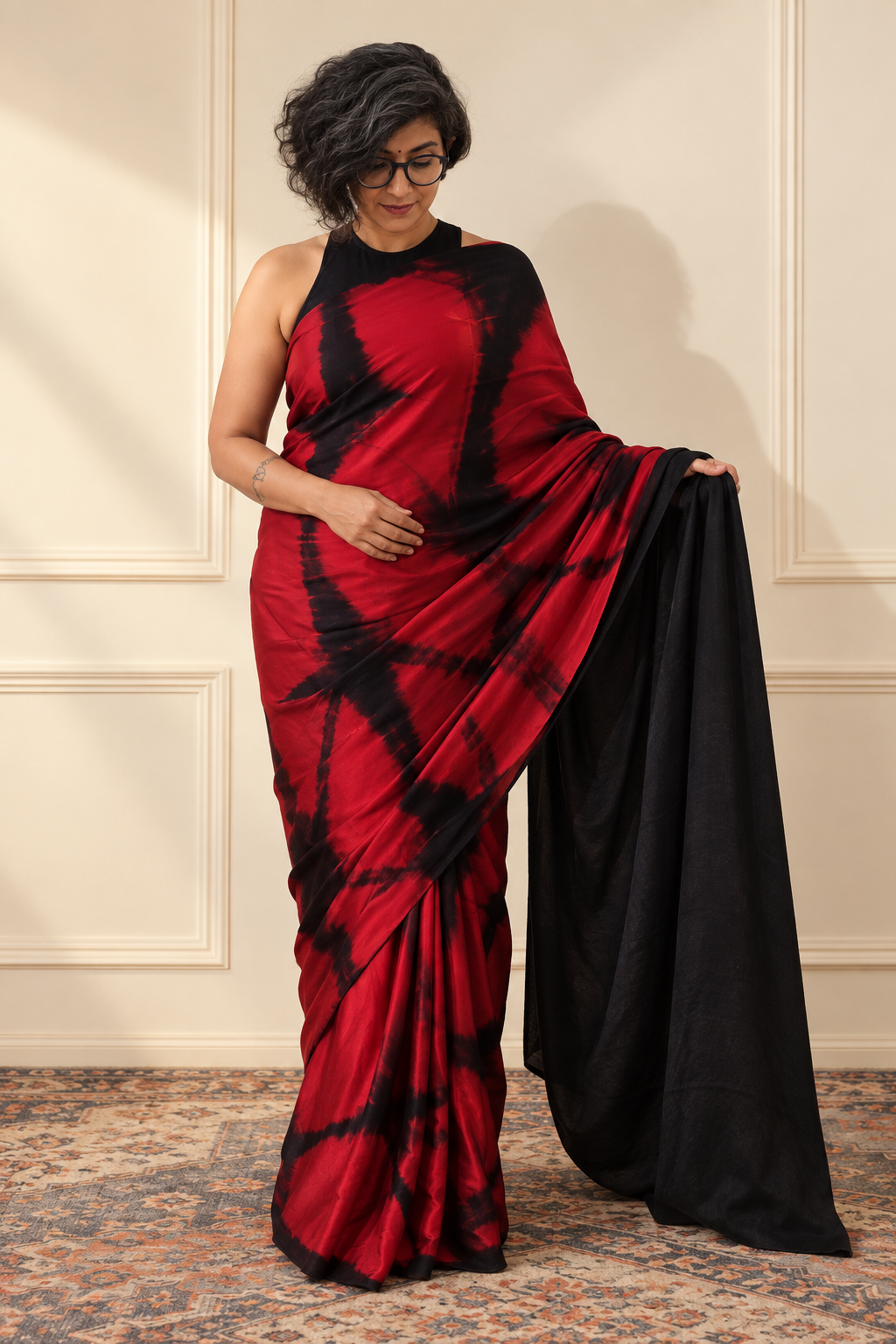 Scarlet Red and black modal Silk with Shibori