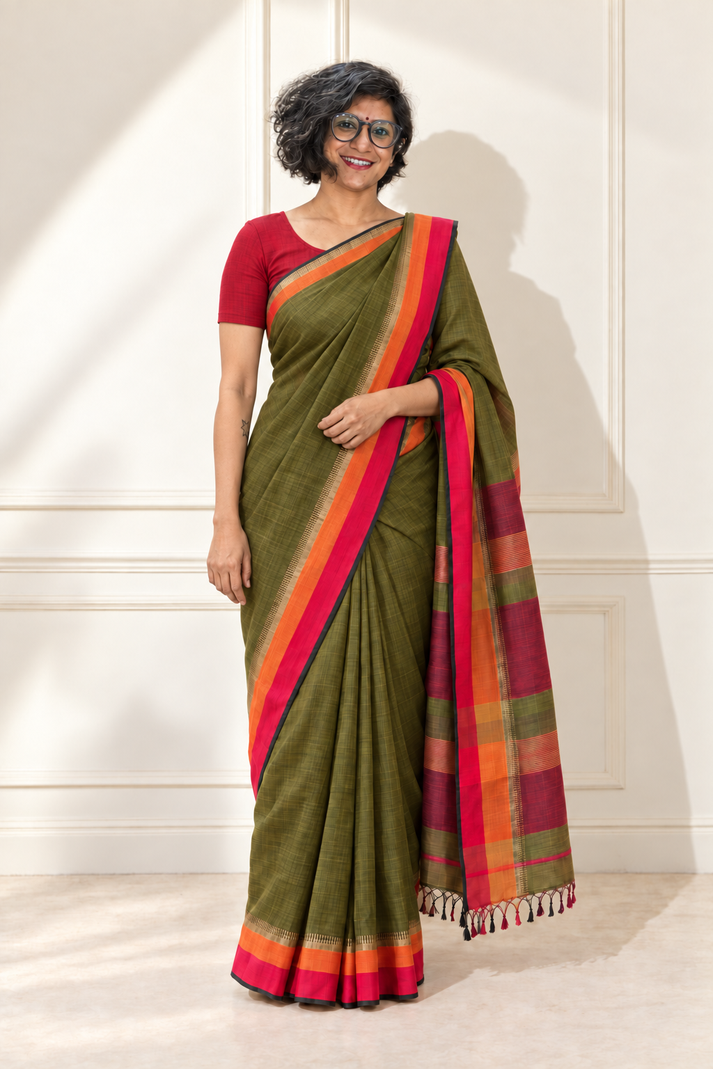 Pista Green Cotton Silk Maheswari Saree