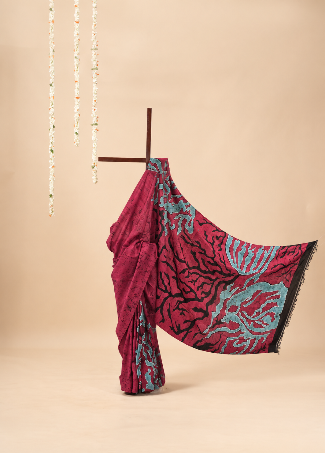 Crimson red, black and turquoise Handpainted Abstract Batik art on silk