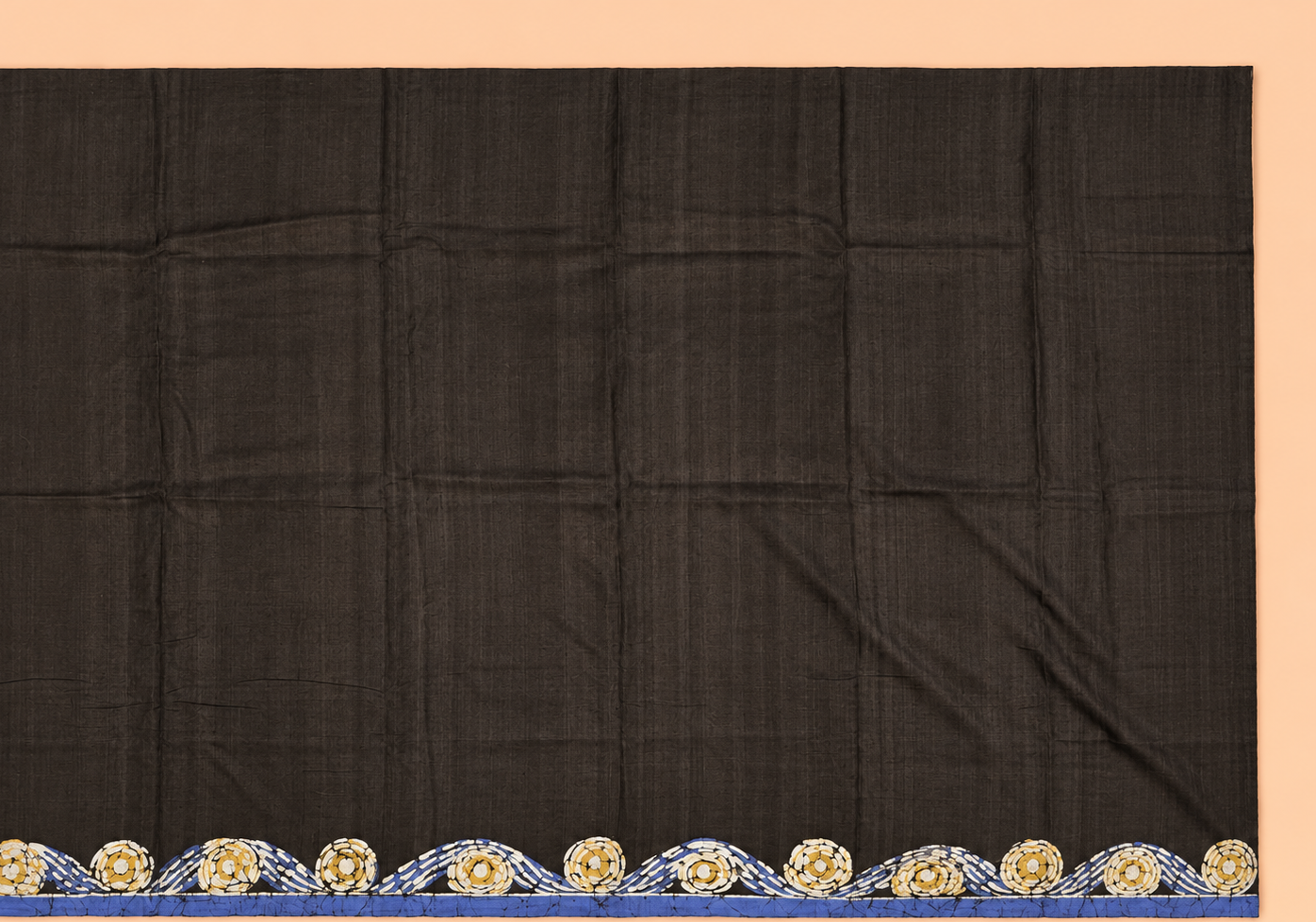 Indigo blue, yellow, ivory, silver-grey, brown and black Handpainted Abstract Batik art on silk