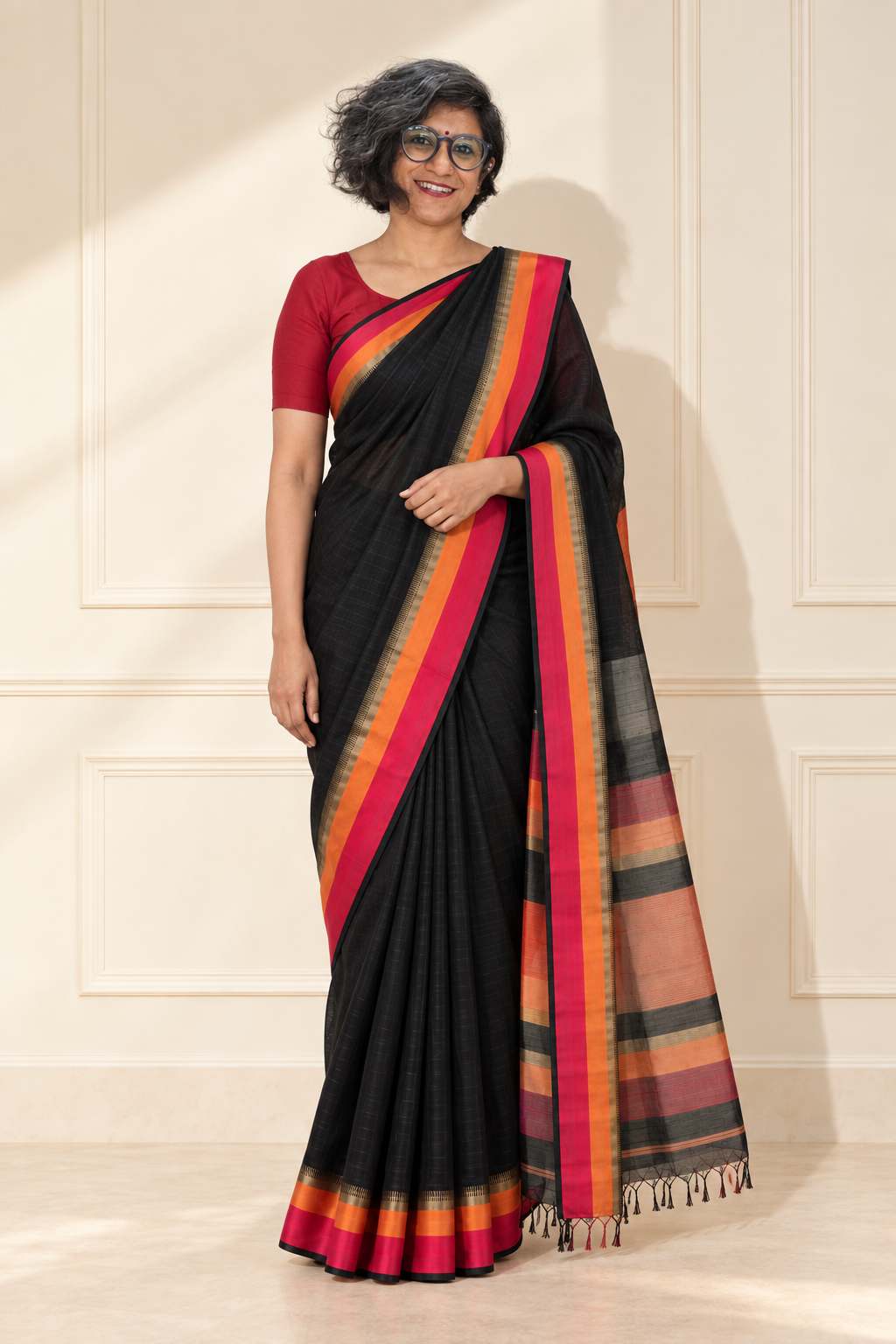 Black Cotton Silk Saree Maheswari Saree