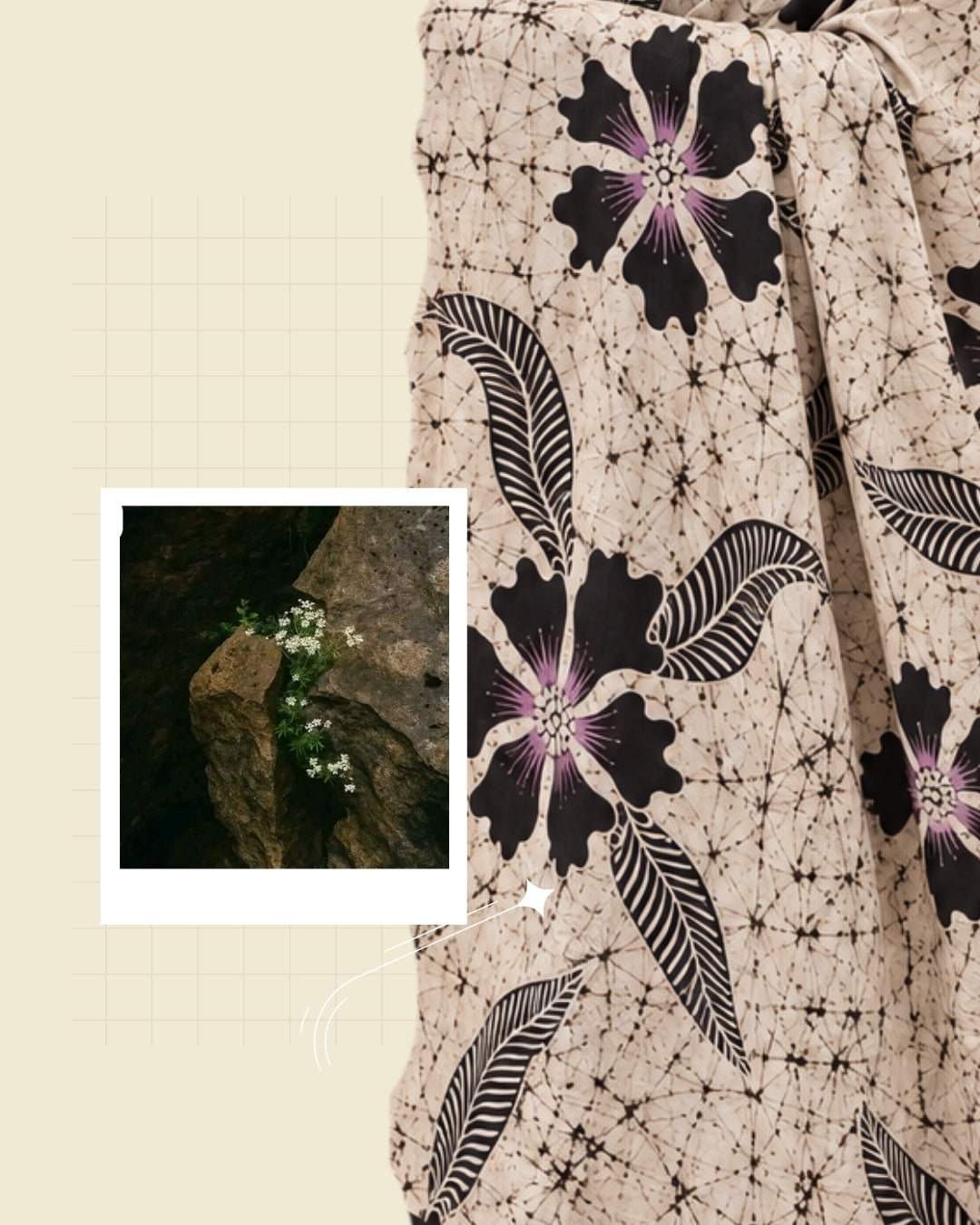 Ivory, black and purple Handpainted Abstract Batik art on silk