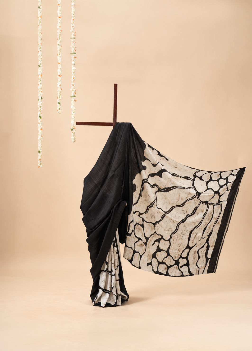 Black and ivory Handpainted Abstract Batik art on silk