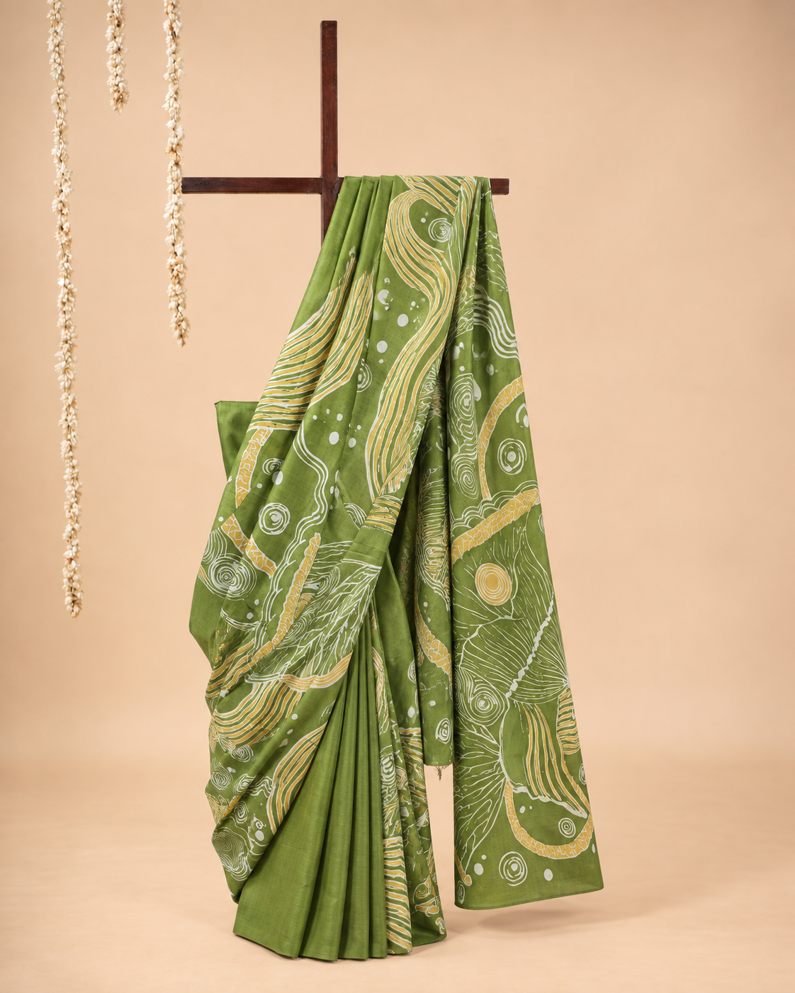 Olive green, ivory and earthy ochre Handpainted Abstract Batik art on silk