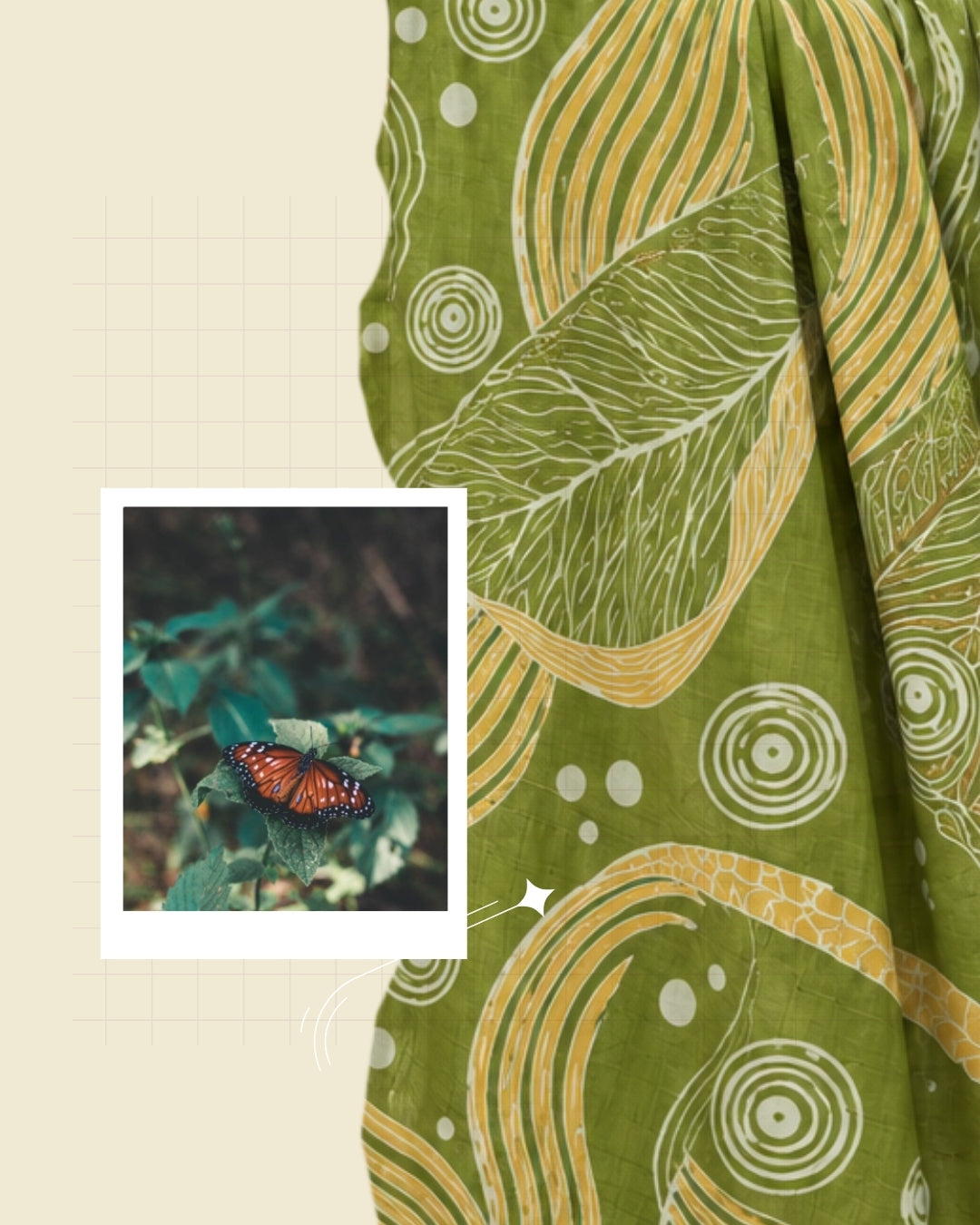 Olive green, ivory and earthy ochre Handpainted Abstract Batik art on silk