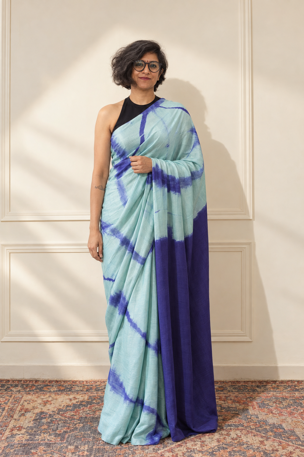 Aqua Blue and Indigo modal Silk with Shibori