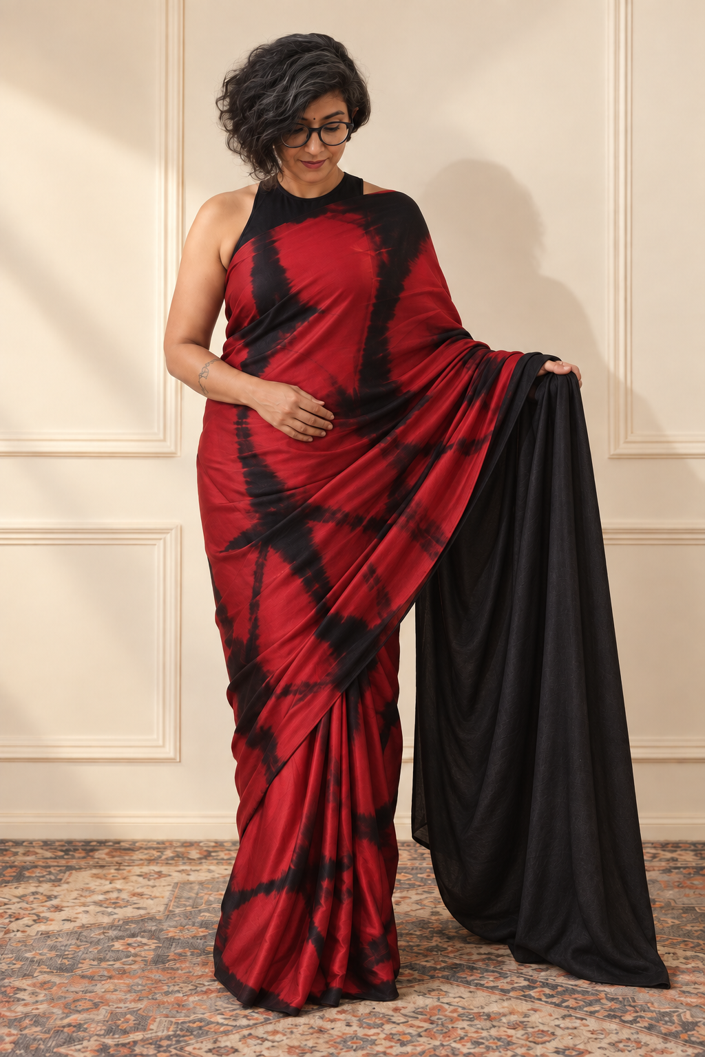 Scarlet Red and black modal Silk with Shibori