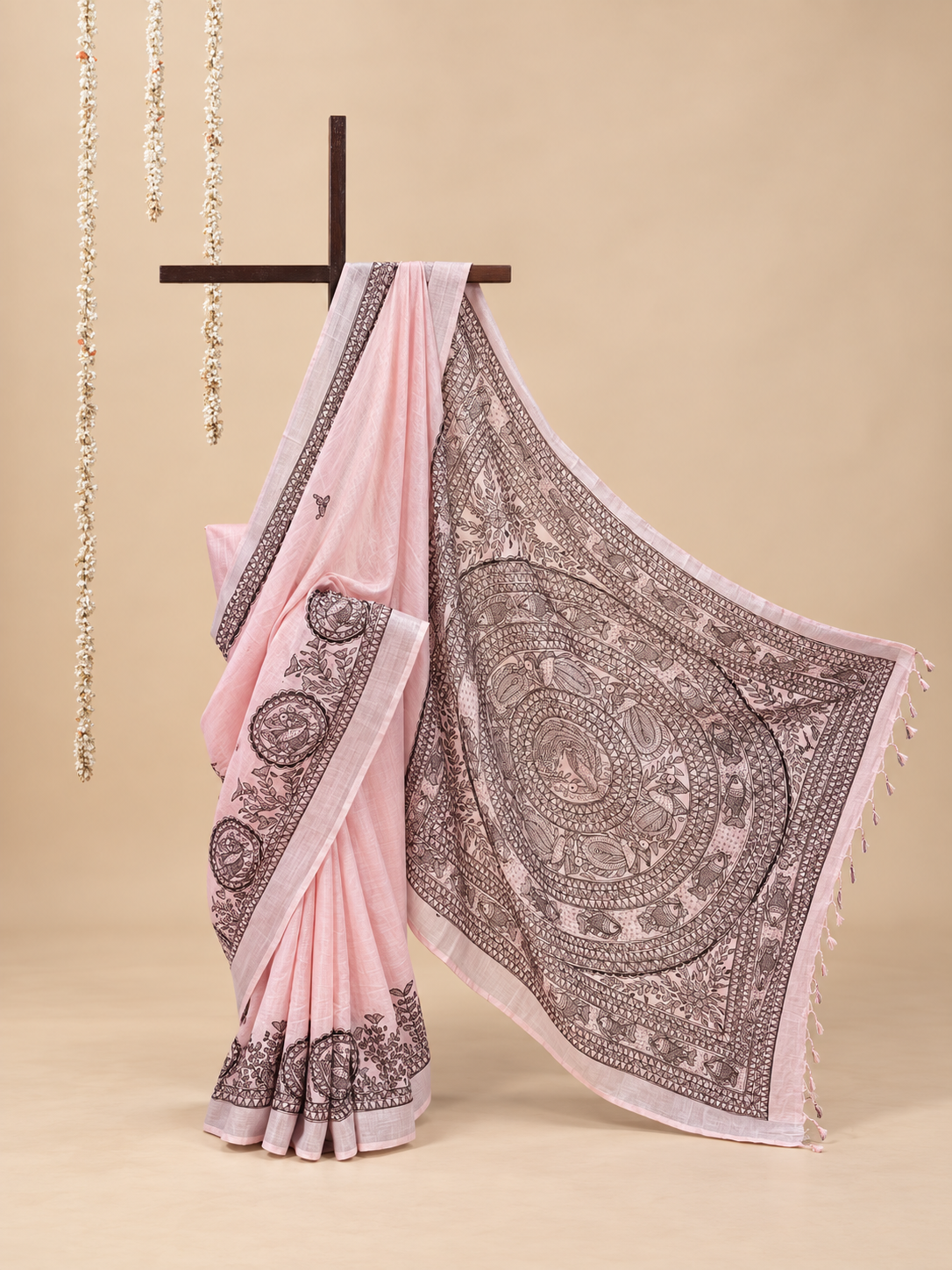 Light Pink  Handpainted Madhubani on Linen