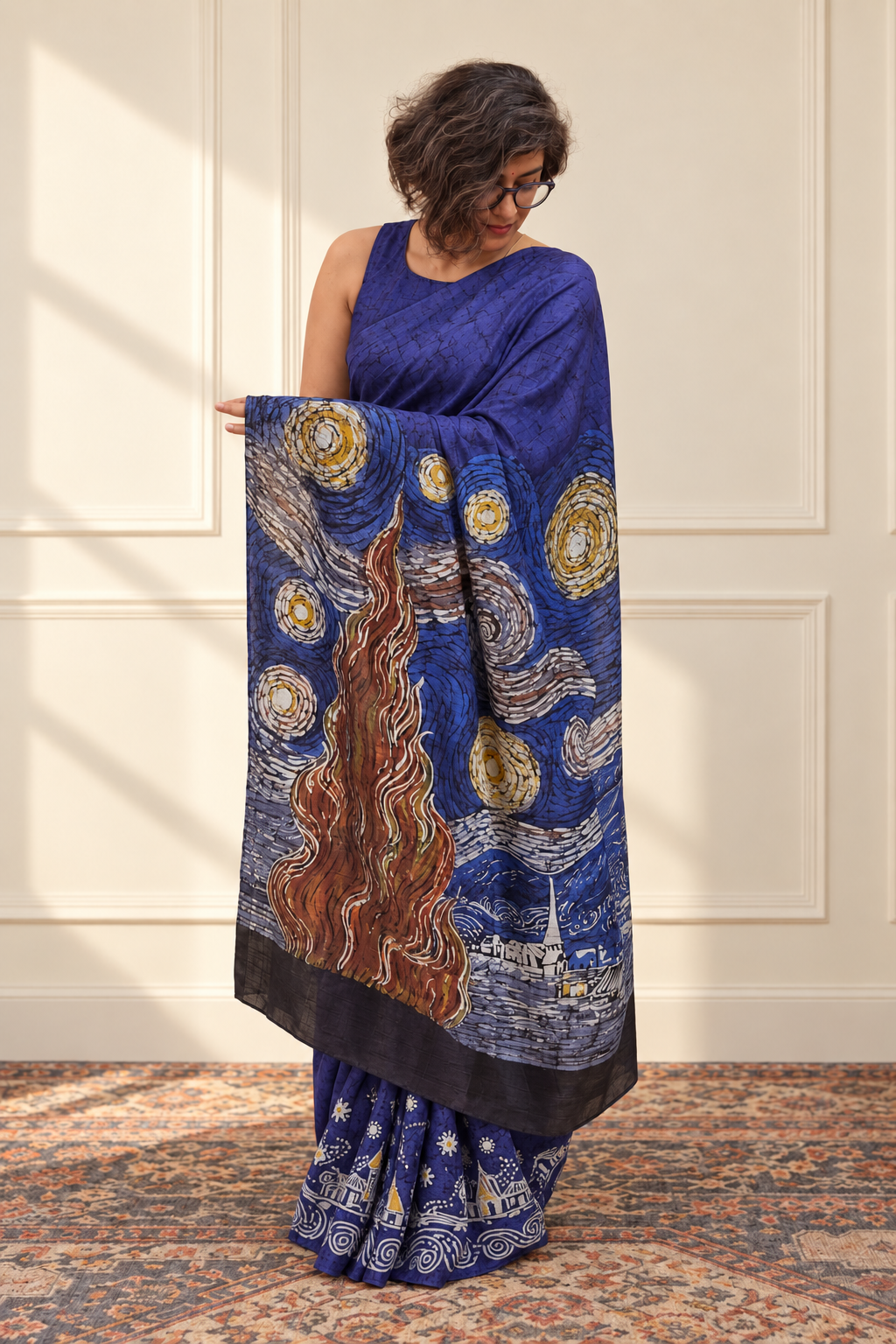 Indigo blue, yellow, ivory, silver-grey, brown and black Handpainted Abstract Batik art on silk