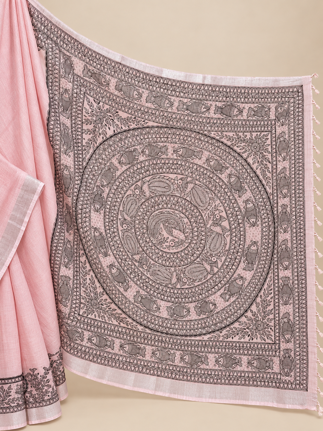 Light Pink  Handpainted Madhubani on Linen
