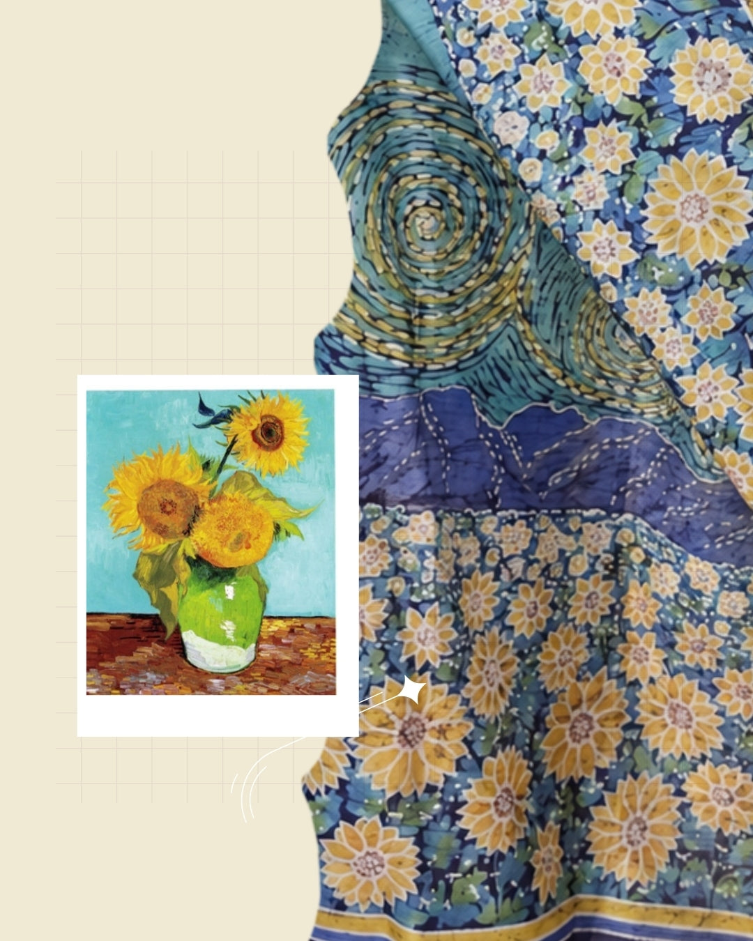 Aqua blue, sunflower yellow, indigo, lavender and green Handpainted Abstract Batik art on silk