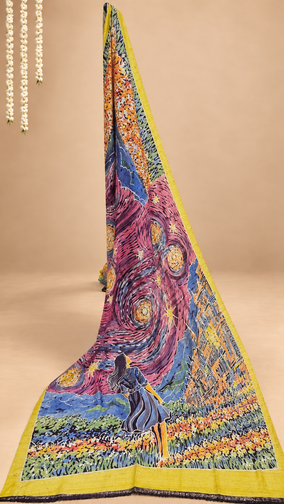 Rose purple, indigo, mustard yellow, orange and green Handpainted Abstract Batik art on silk