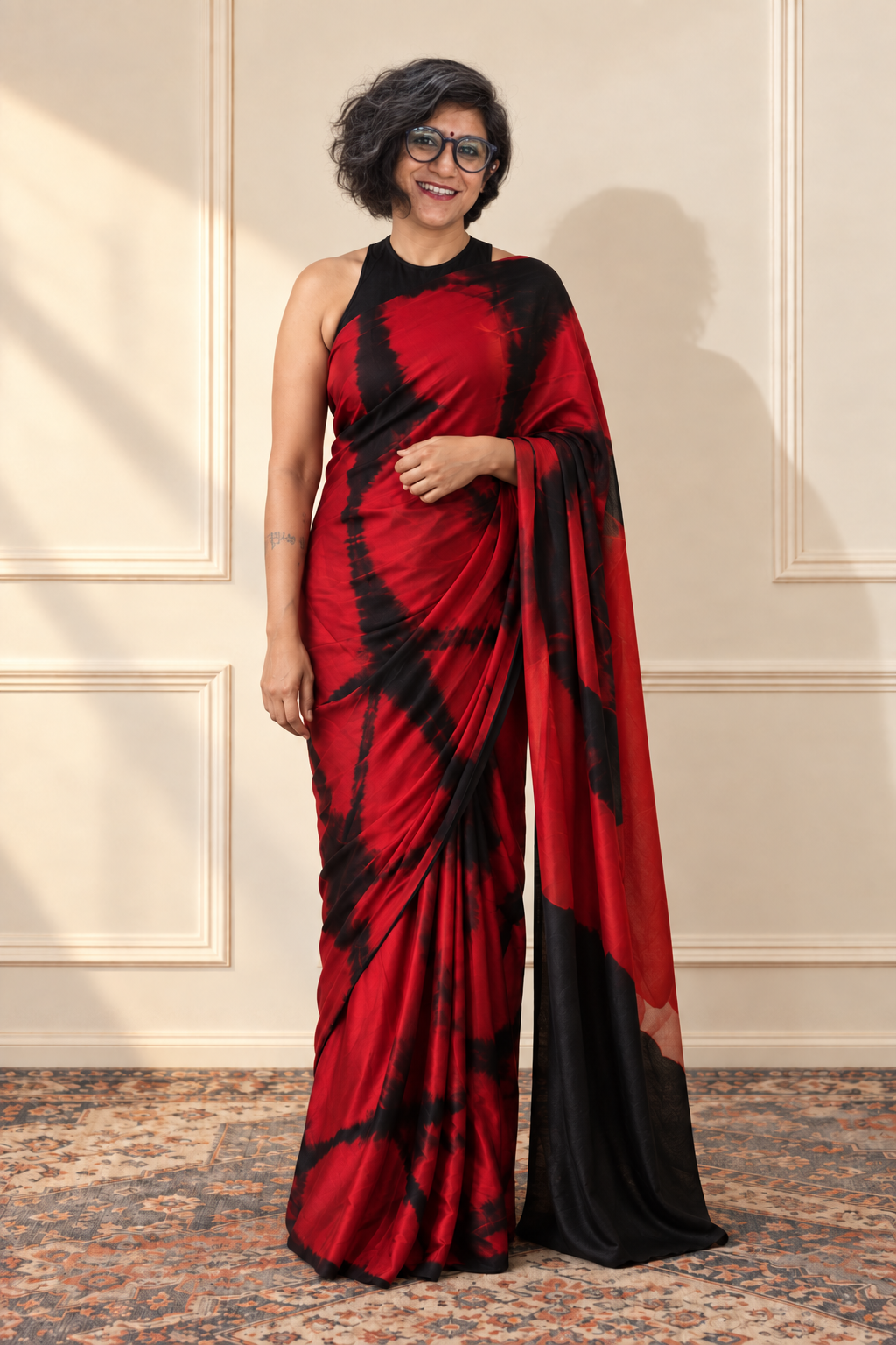 Scarlet Red and black modal Silk with Shibori