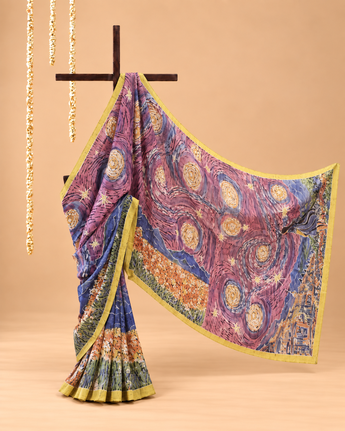 Rose purple, indigo, mustard yellow, orange and green Handpainted Abstract Batik art on silk