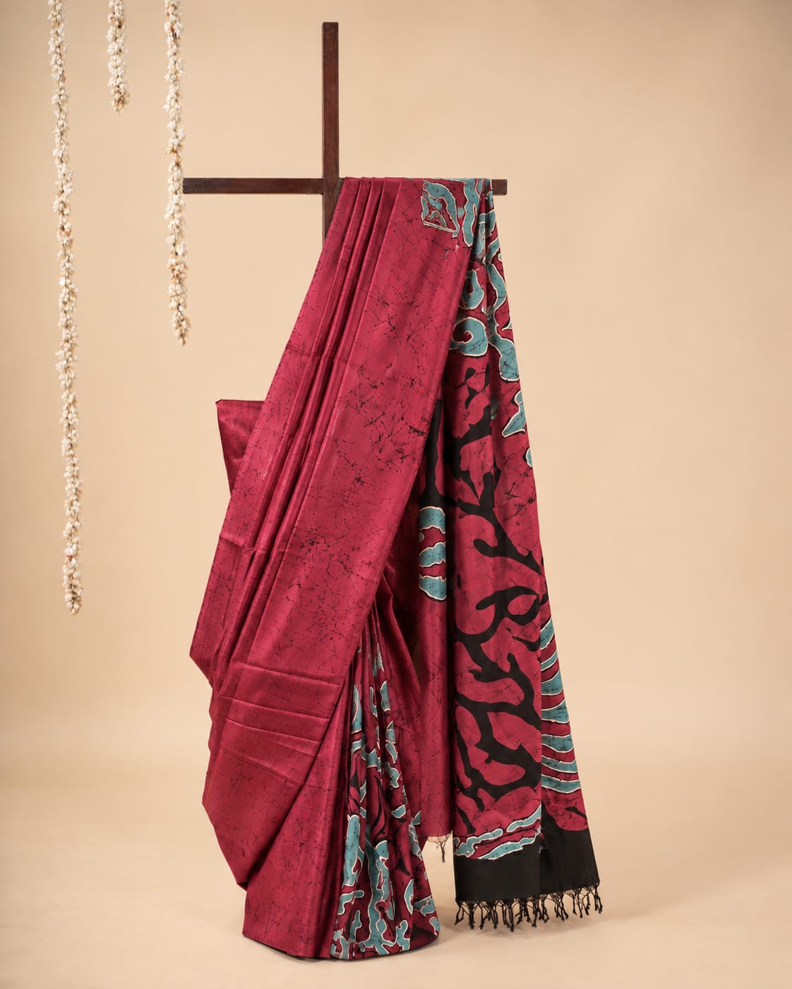 Crimson red, black and turquoise Handpainted Abstract Batik art on silk