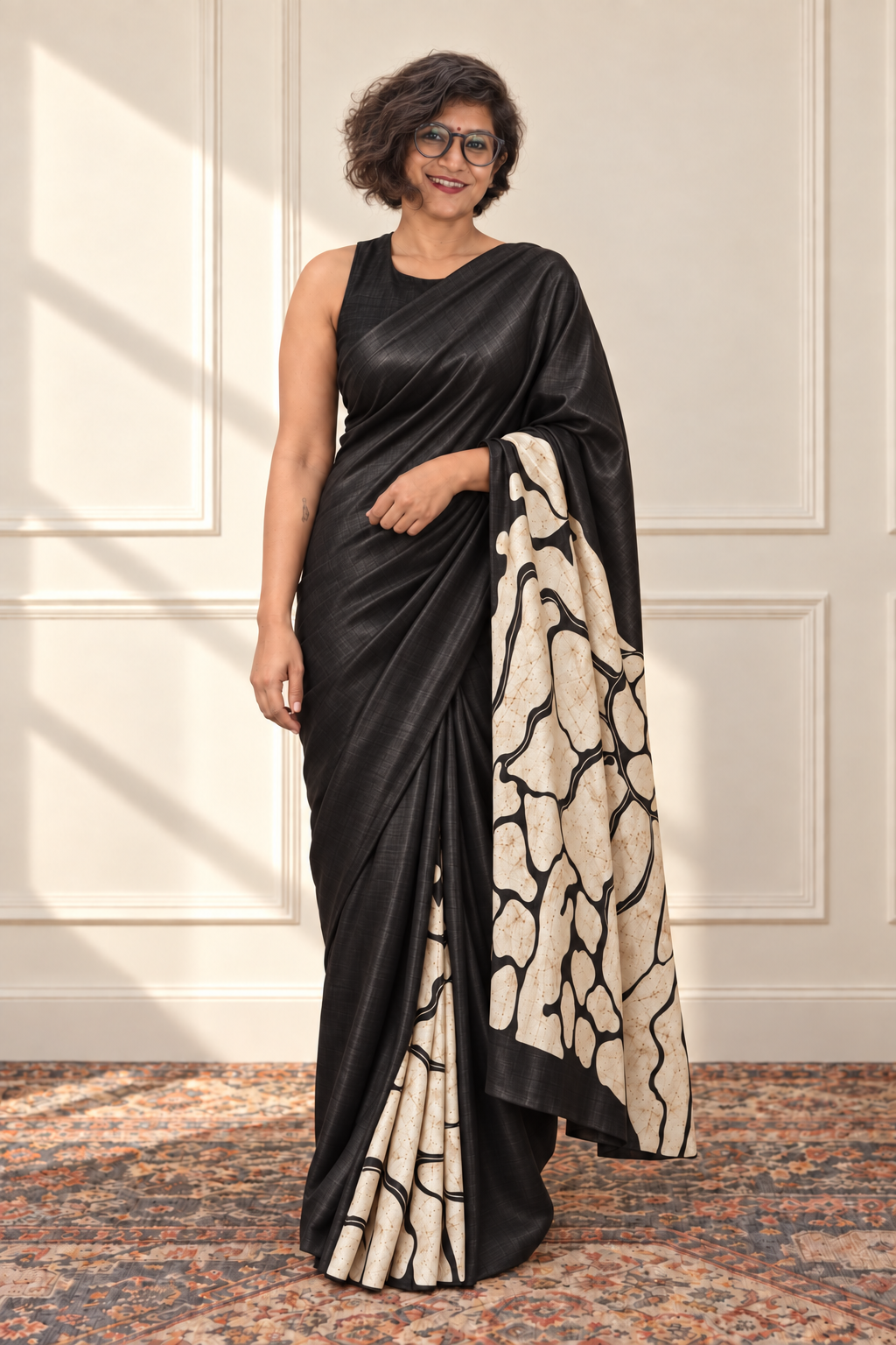Black and ivory Handpainted Abstract Batik art on silk