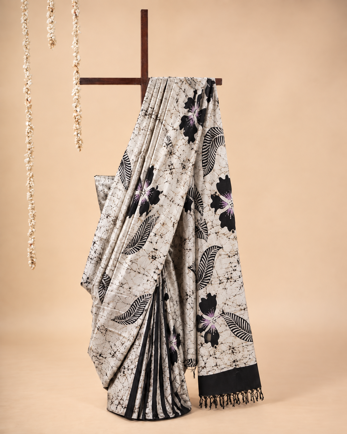 Ivory, black and purple Handpainted Abstract Batik art on silk