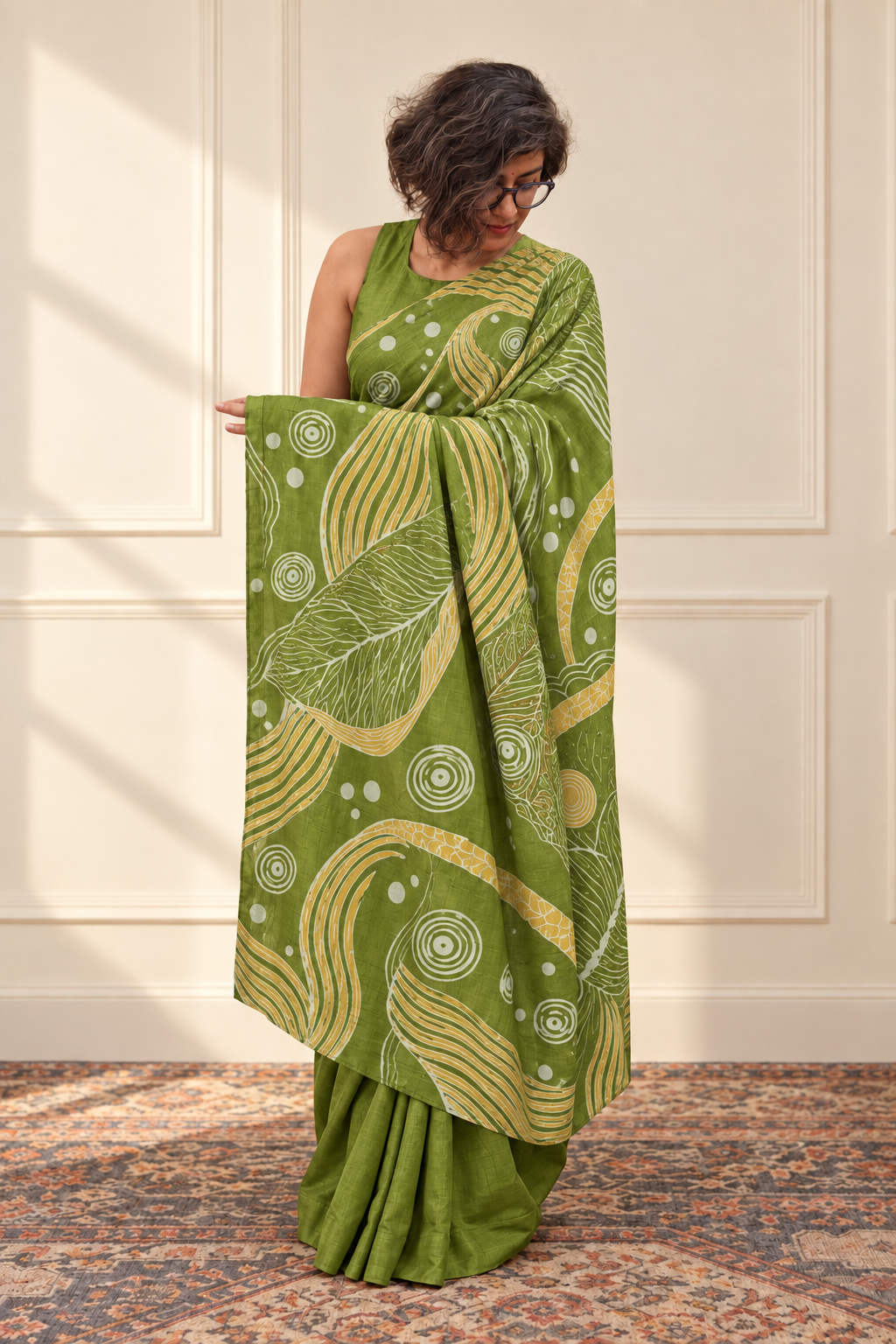 Olive green, ivory and earthy ochre Handpainted Abstract Batik art on silk