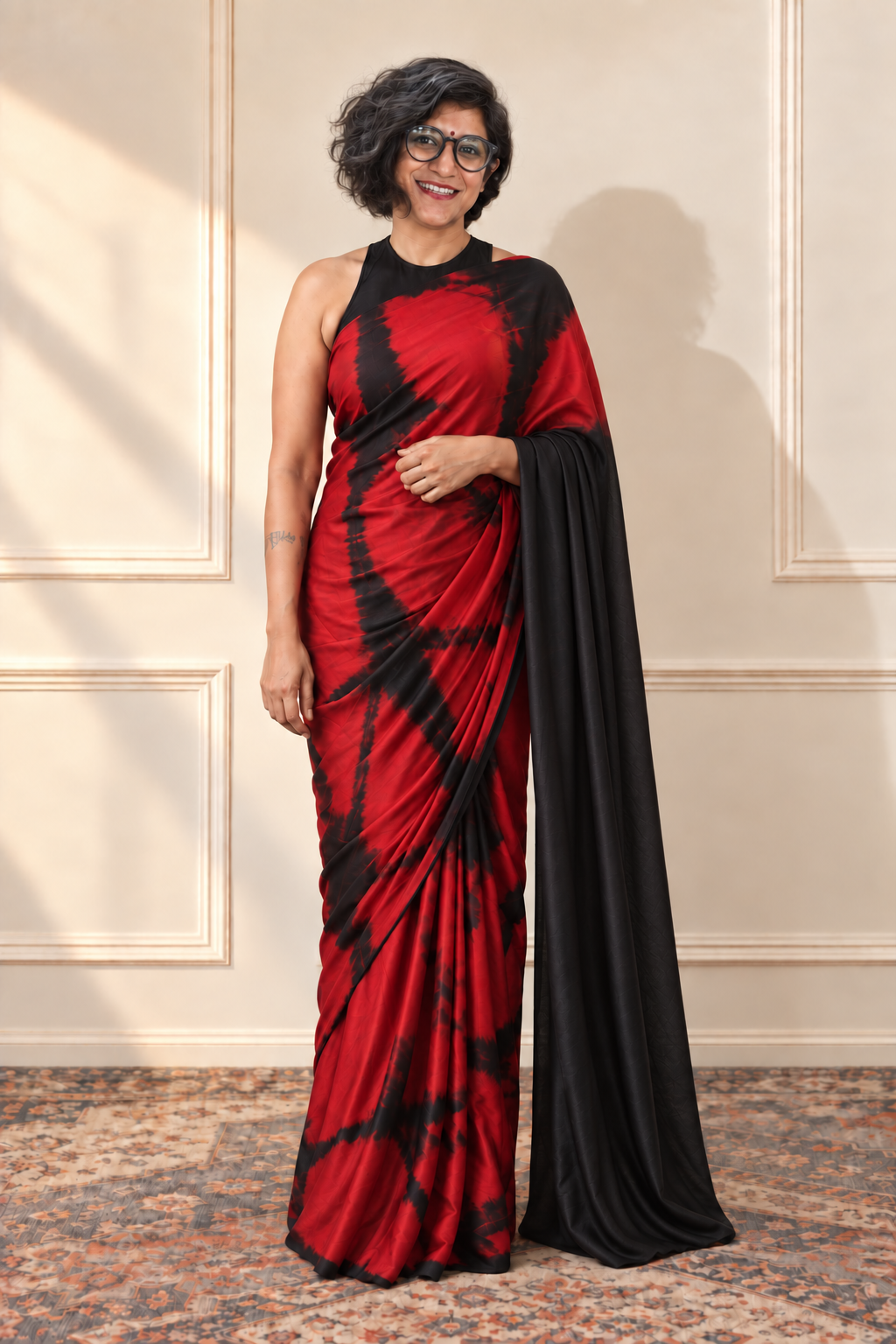 Scarlet Red and black modal Silk with Shibori