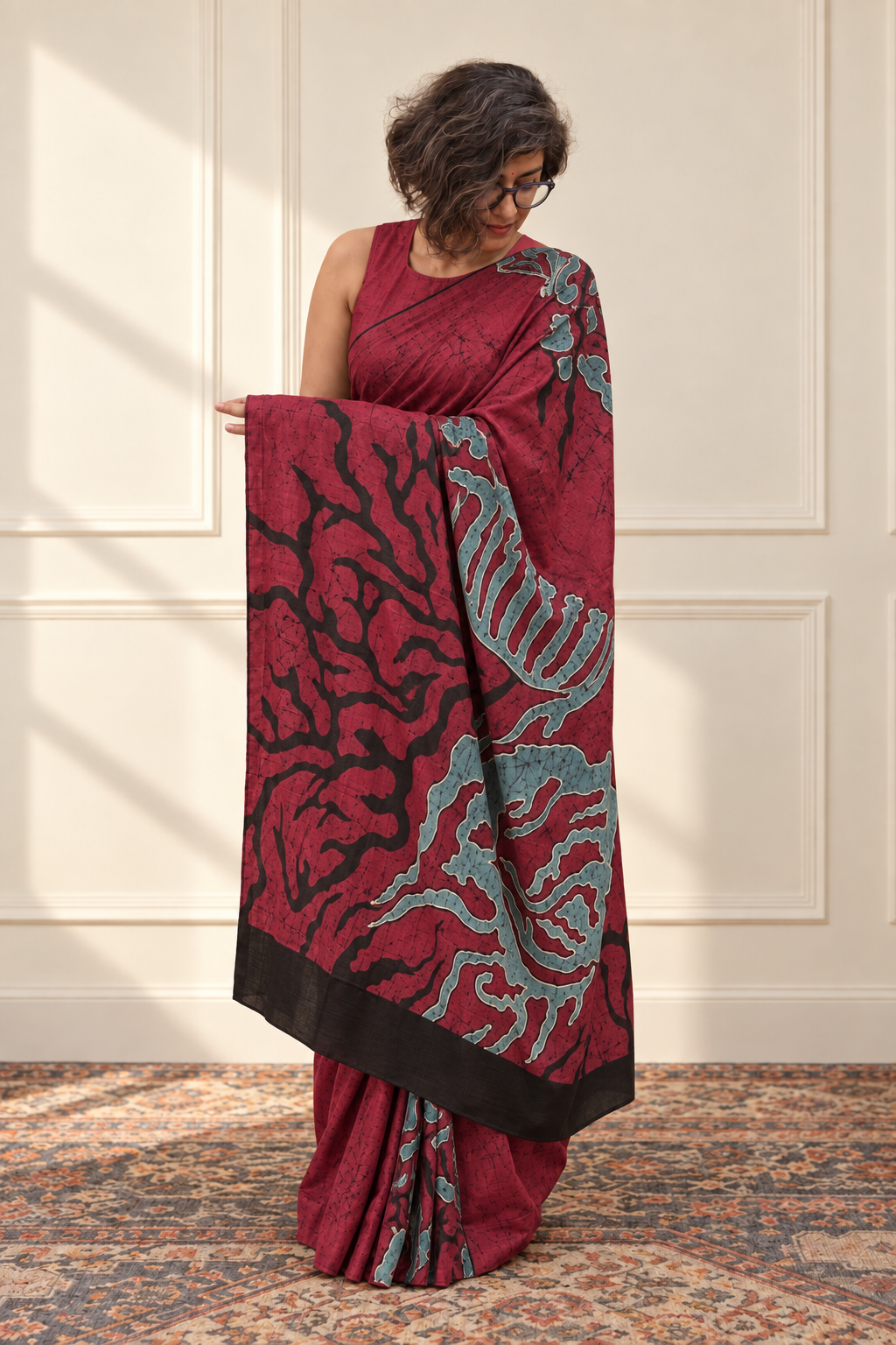 Crimson red, black and turquoise Handpainted Abstract Batik art on silk