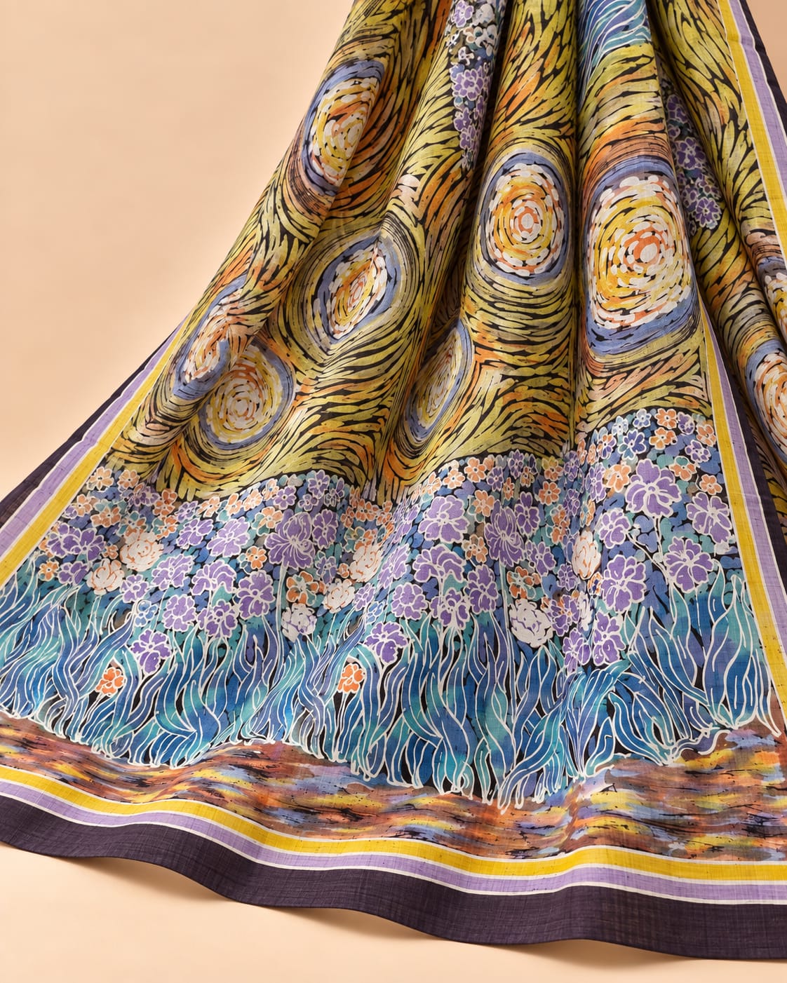 Blue, violet, lavender, mustard, orange and black Handpainted Abstract Batik art on silk