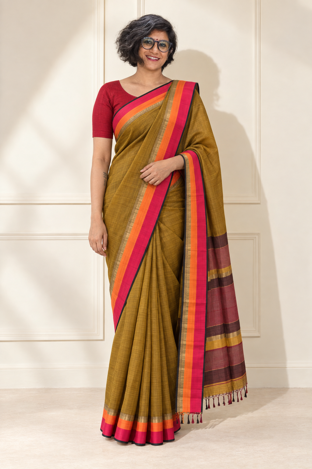 Mustard Cotton Silk Maheswari Saree