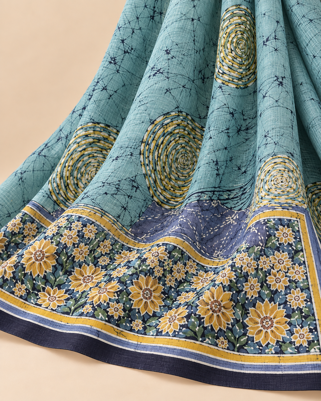 Aqua blue, sunflower yellow, indigo, lavender and green Handpainted Abstract Batik art on silk