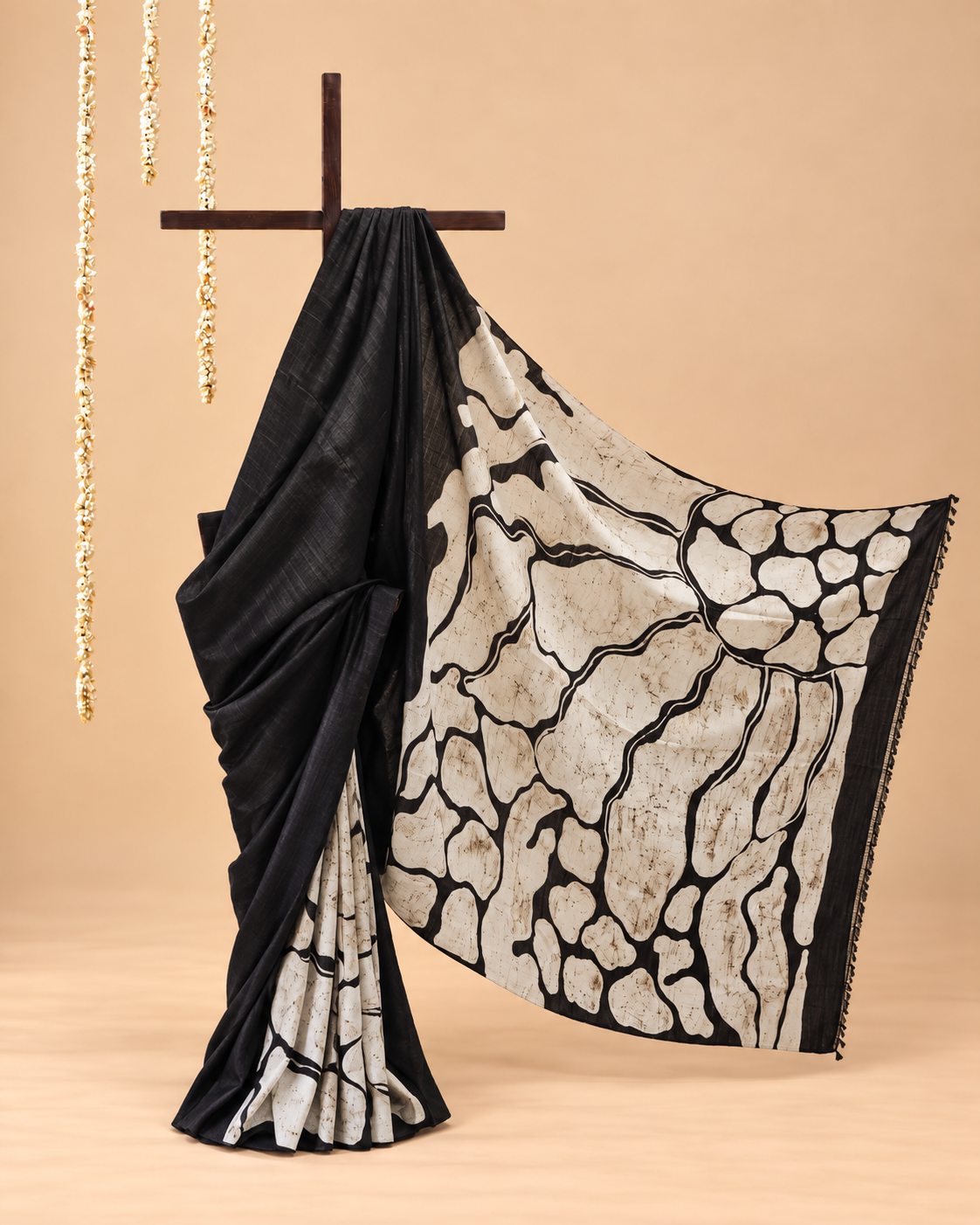 Black and ivory Handpainted Abstract Batik art on silk