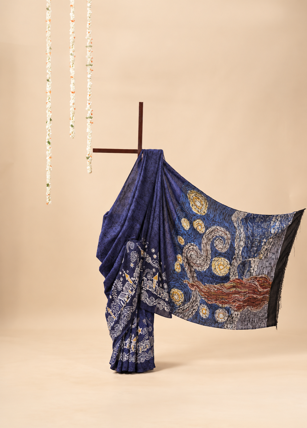 Indigo blue, yellow, ivory, silver-grey, brown and black Handpainted Abstract Batik art on silk