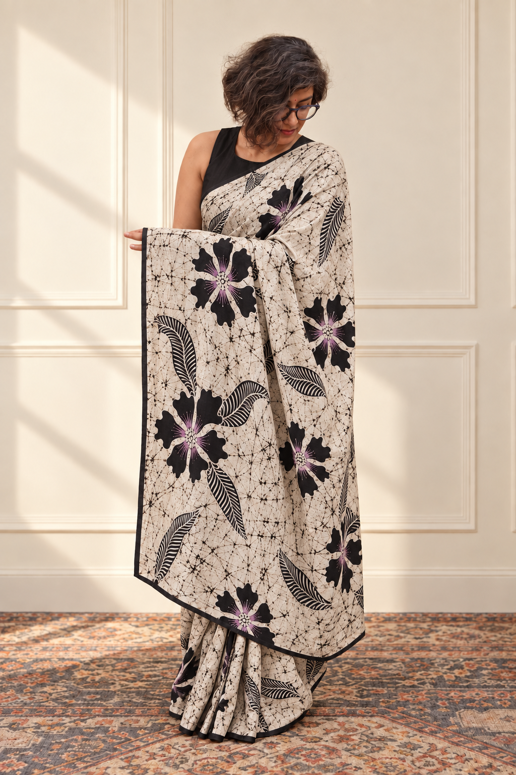 Ivory, black and purple Handpainted Abstract Batik art on silk