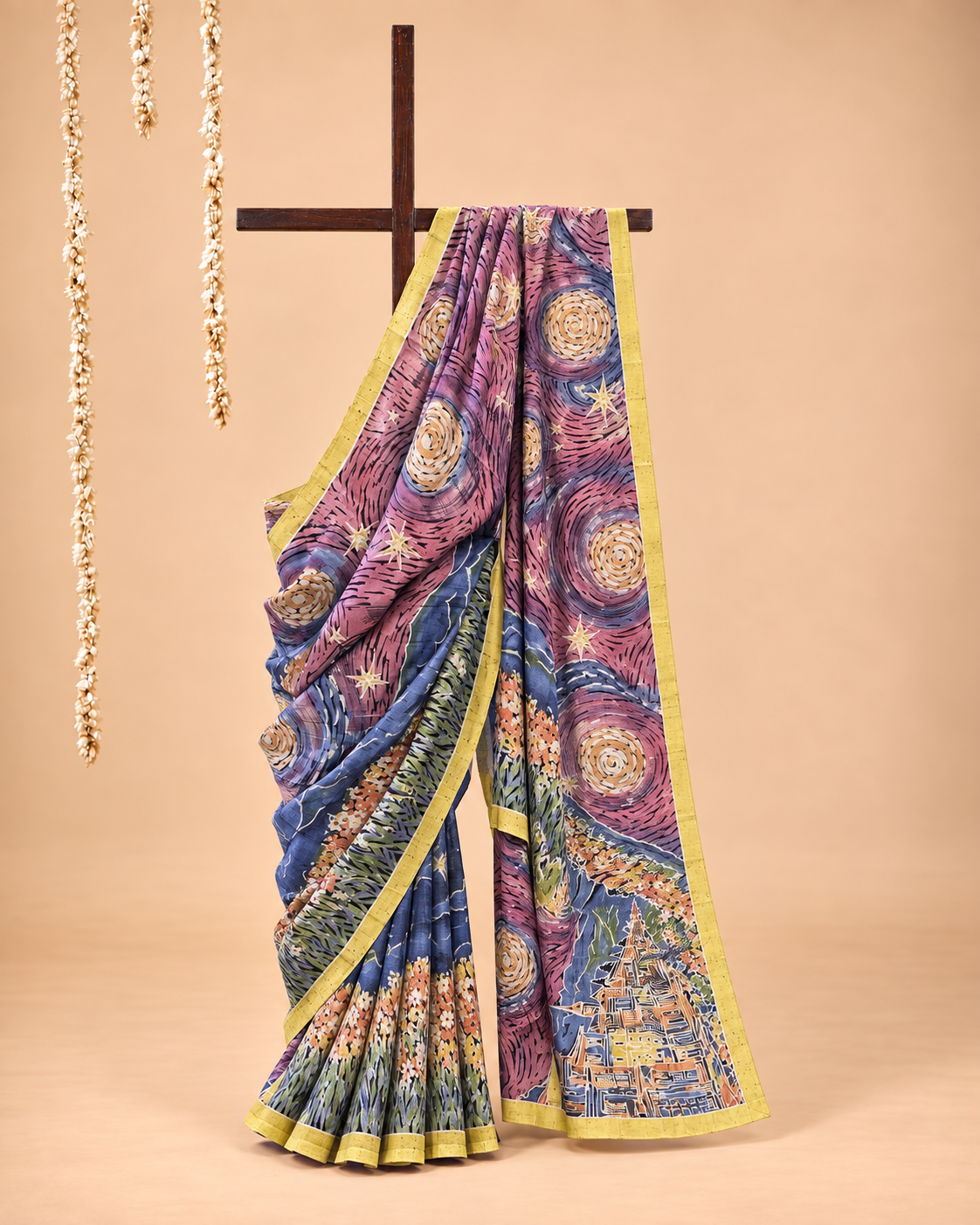 Rose purple, indigo, mustard yellow, orange and green Handpainted Abstract Batik art on silk