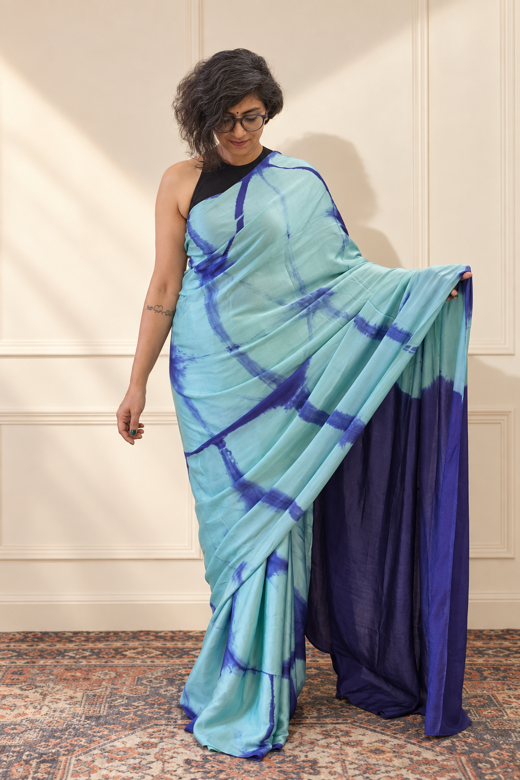 Aqua Blue and Indigo modal Silk with Shibori