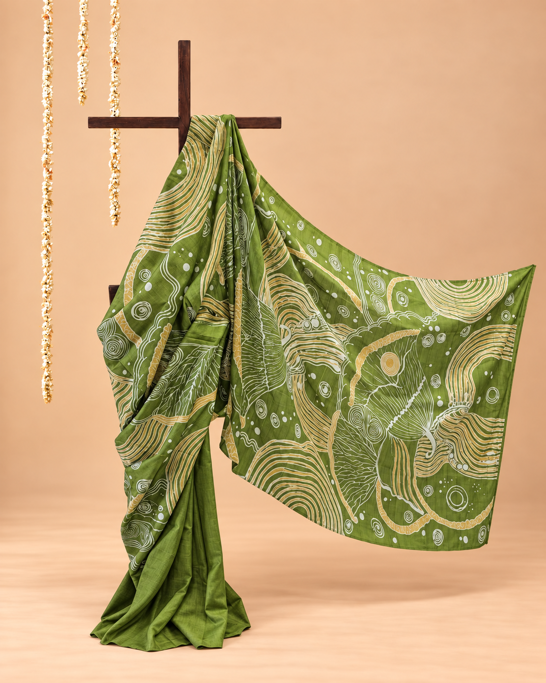 Olive green, ivory and earthy ochre Handpainted Abstract Batik art on silk