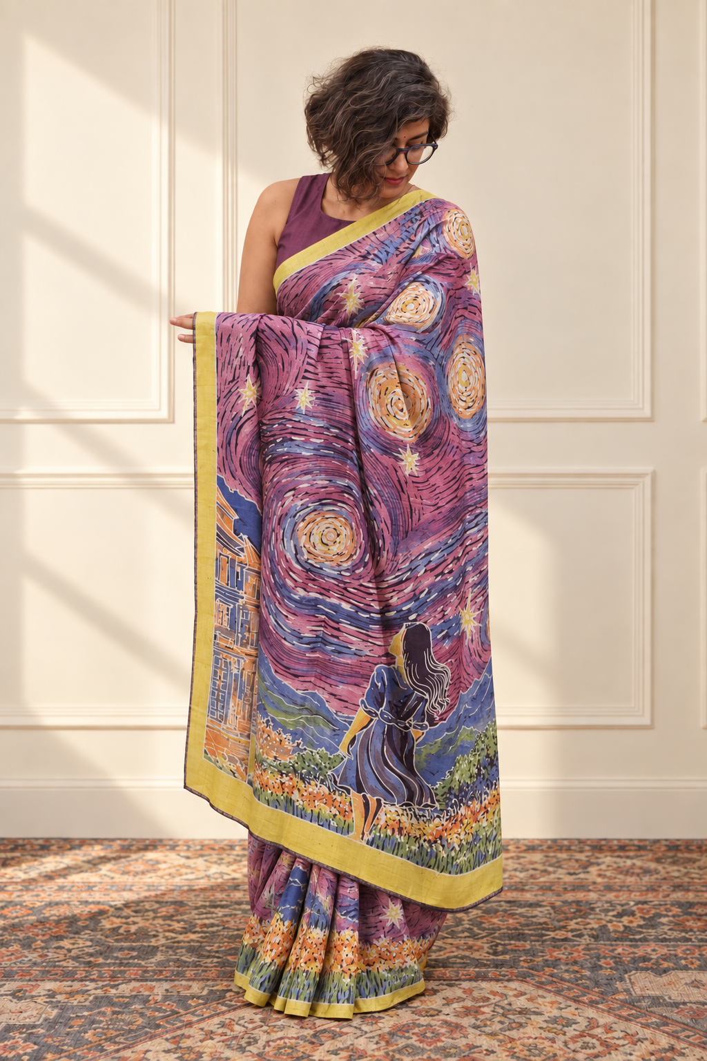 Rose purple, indigo, mustard yellow, orange and green Handpainted Abstract Batik art on silk
