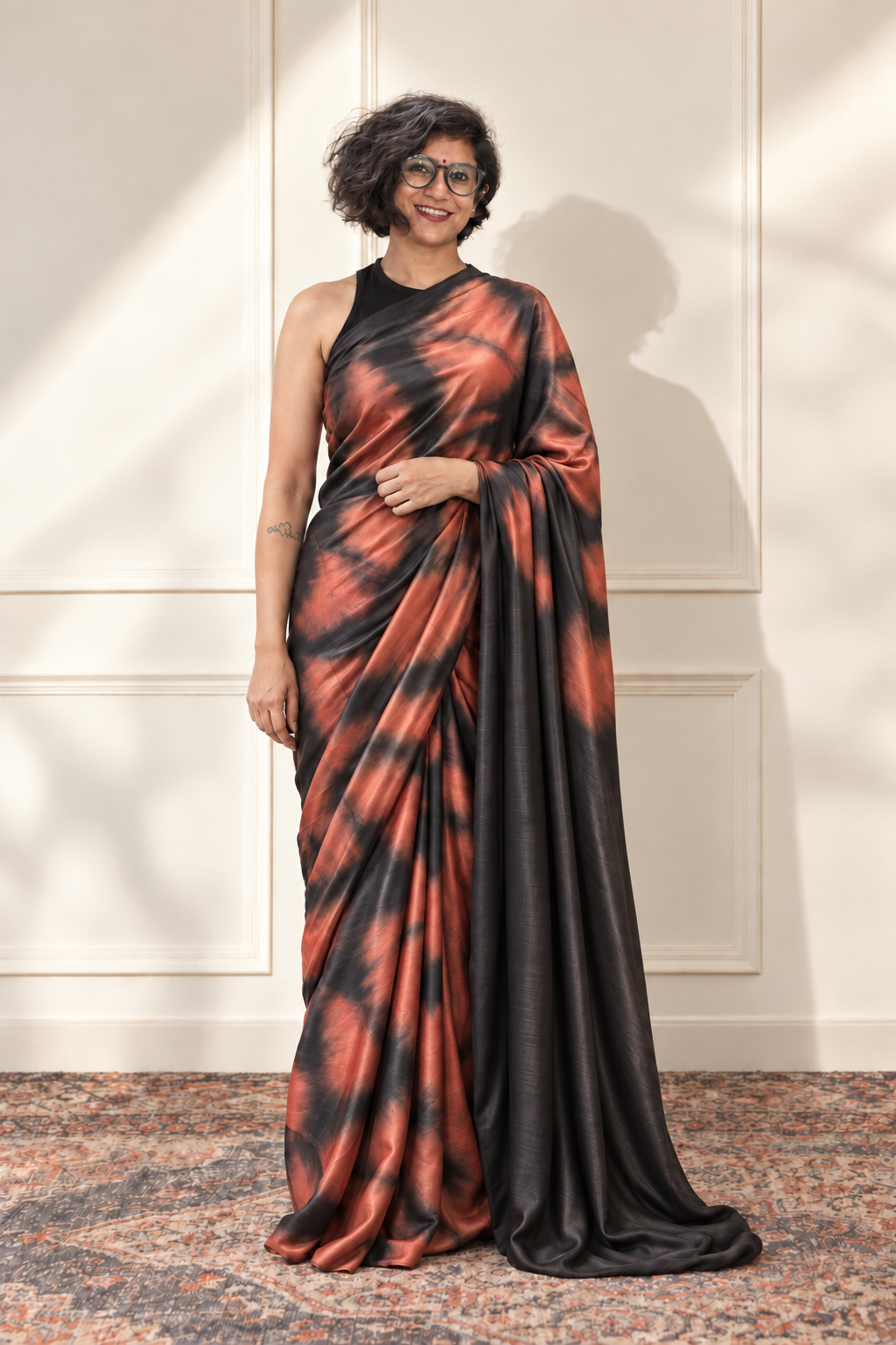 Rust and Black  modal Silk with Shibori