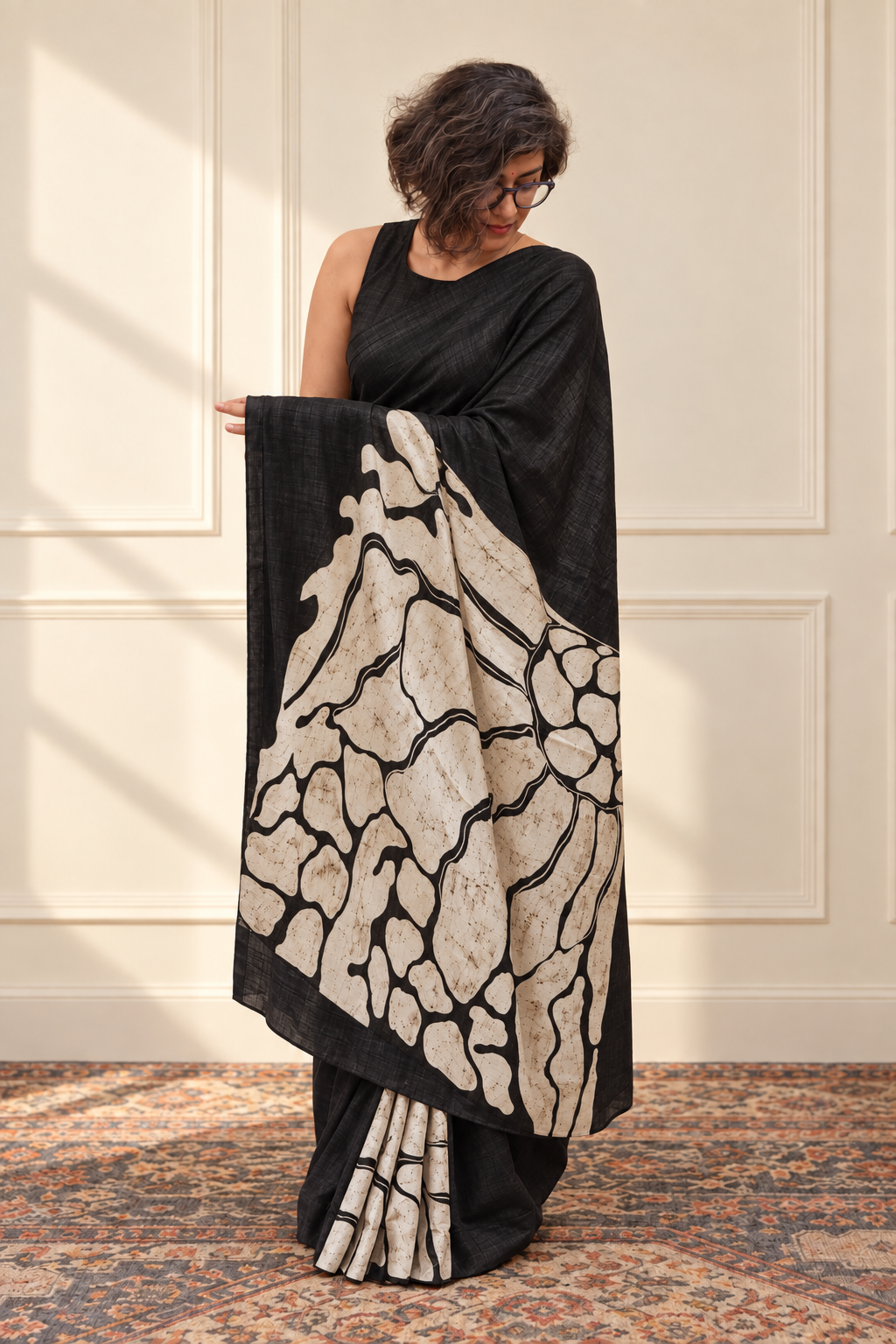 Black and ivory Handpainted Abstract Batik art on silk