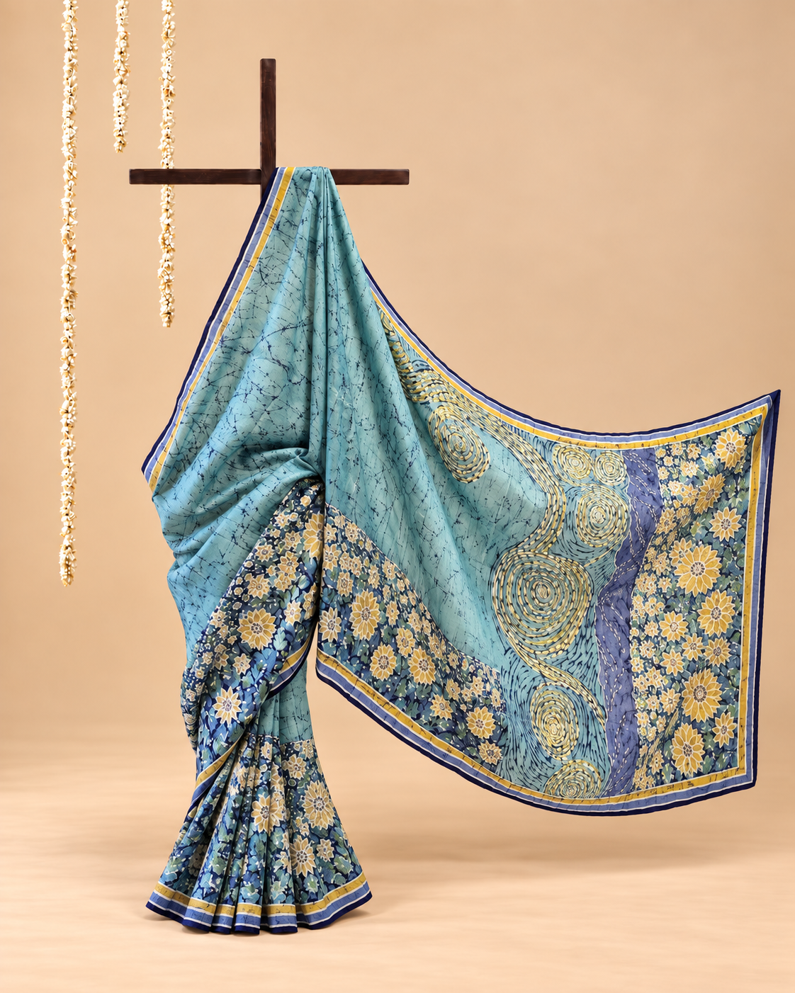 Aqua blue, sunflower yellow, indigo, lavender and green Handpainted Abstract Batik art on silk