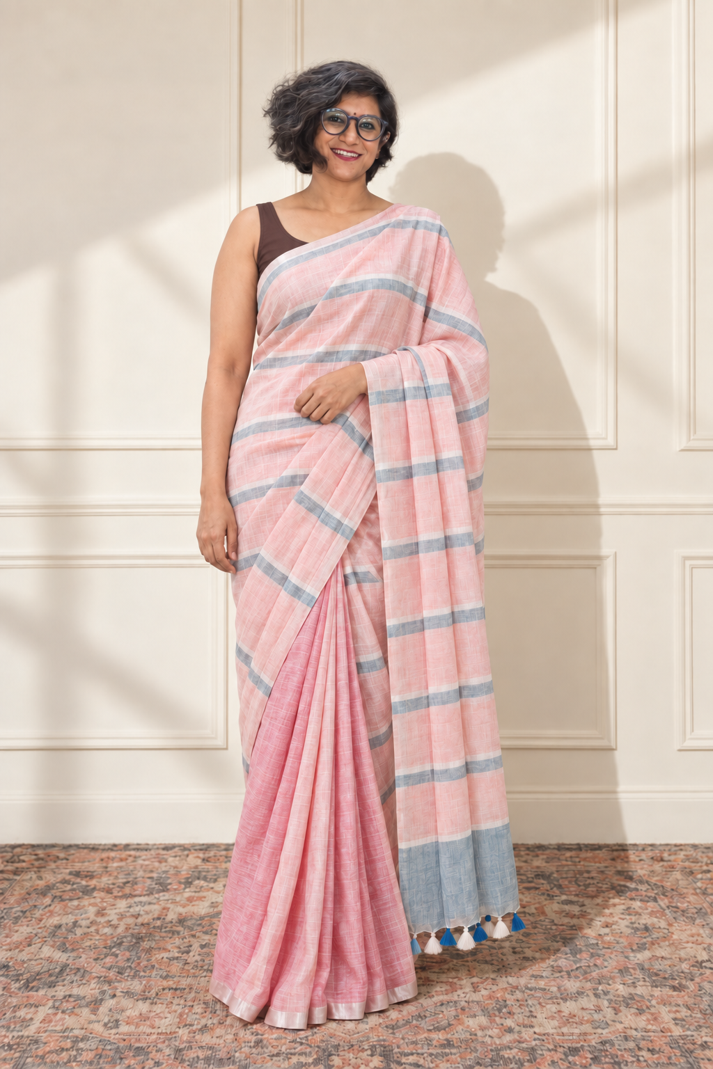 Linen Saree with Peach and blue stripe