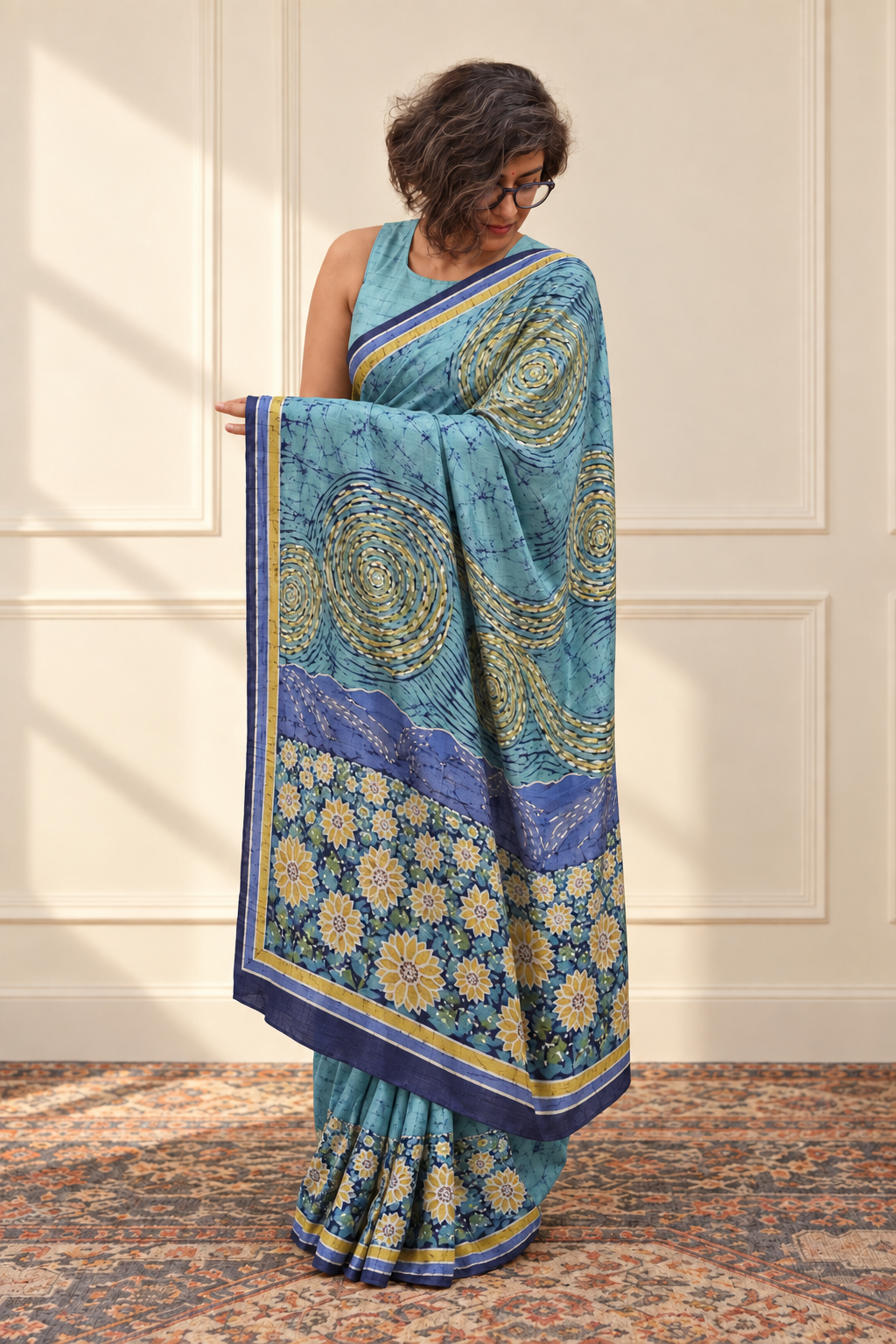 Aqua blue, sunflower yellow, indigo, lavender and green Handpainted Abstract Batik art on silk