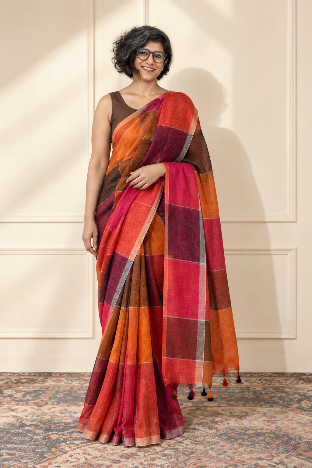 Pink Orange Brown Block Linen by linen Saree