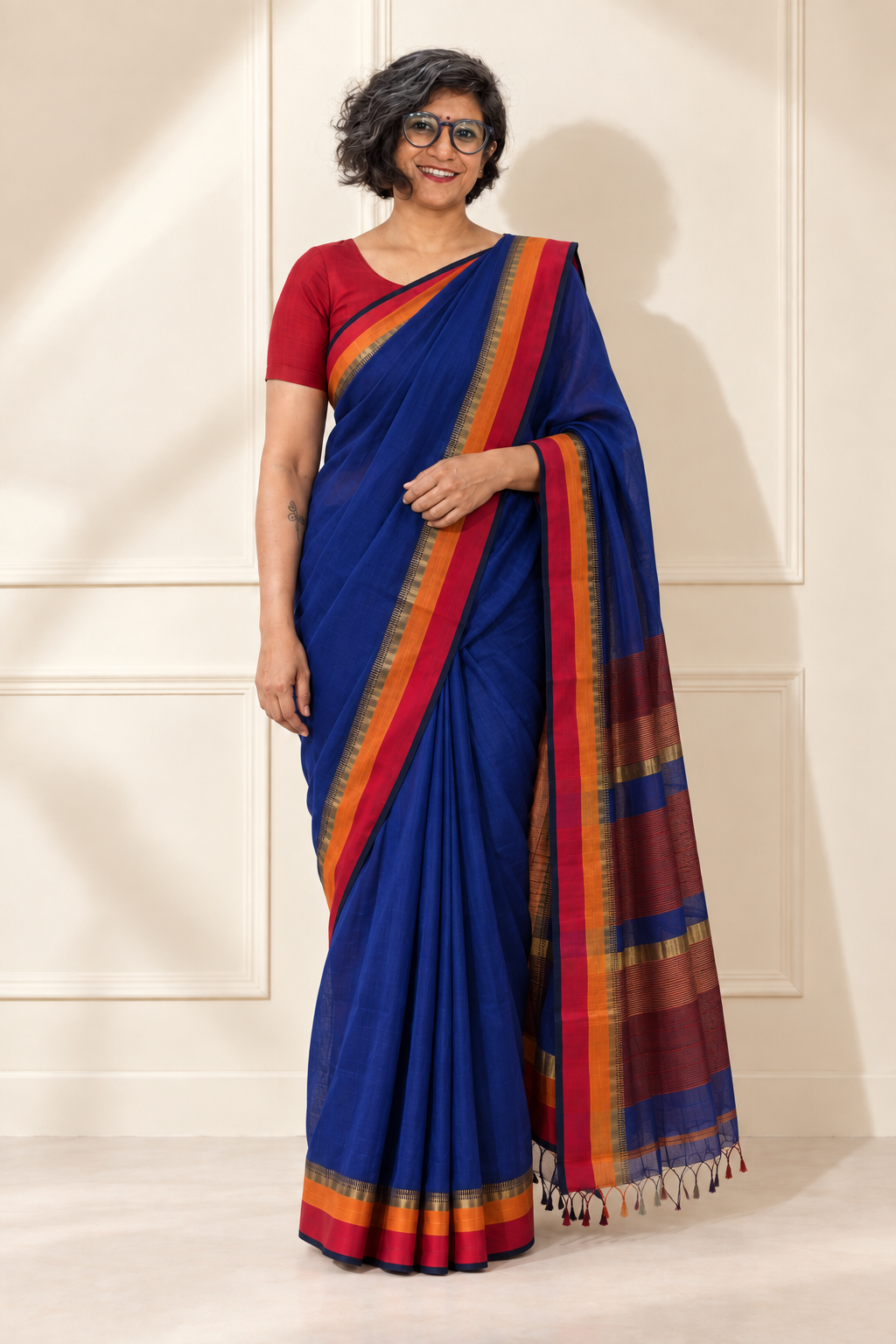 Dark Blue Cotton Silk Maheswari Saree
