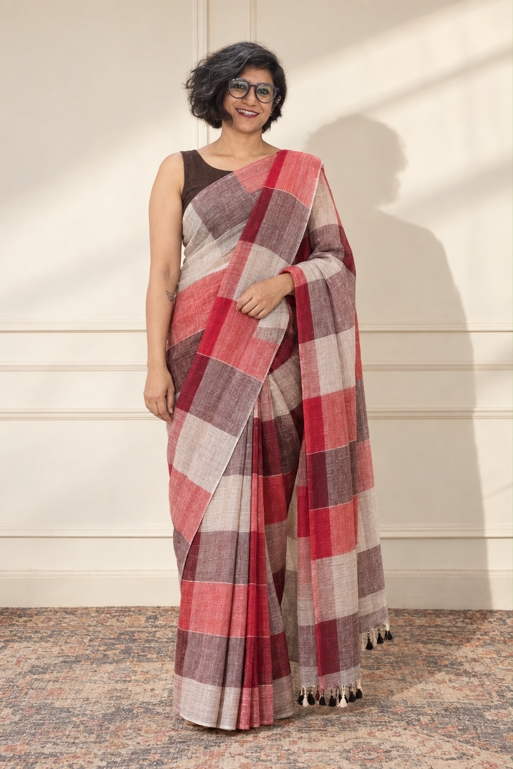 Red Wine ivory block linen by linen Saree