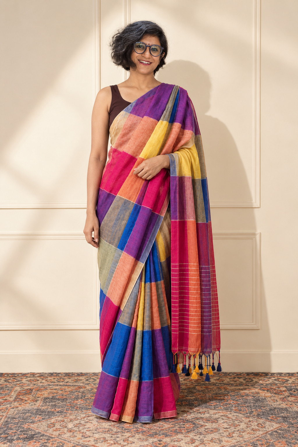 Blue Pink Purple yellow Linen saree