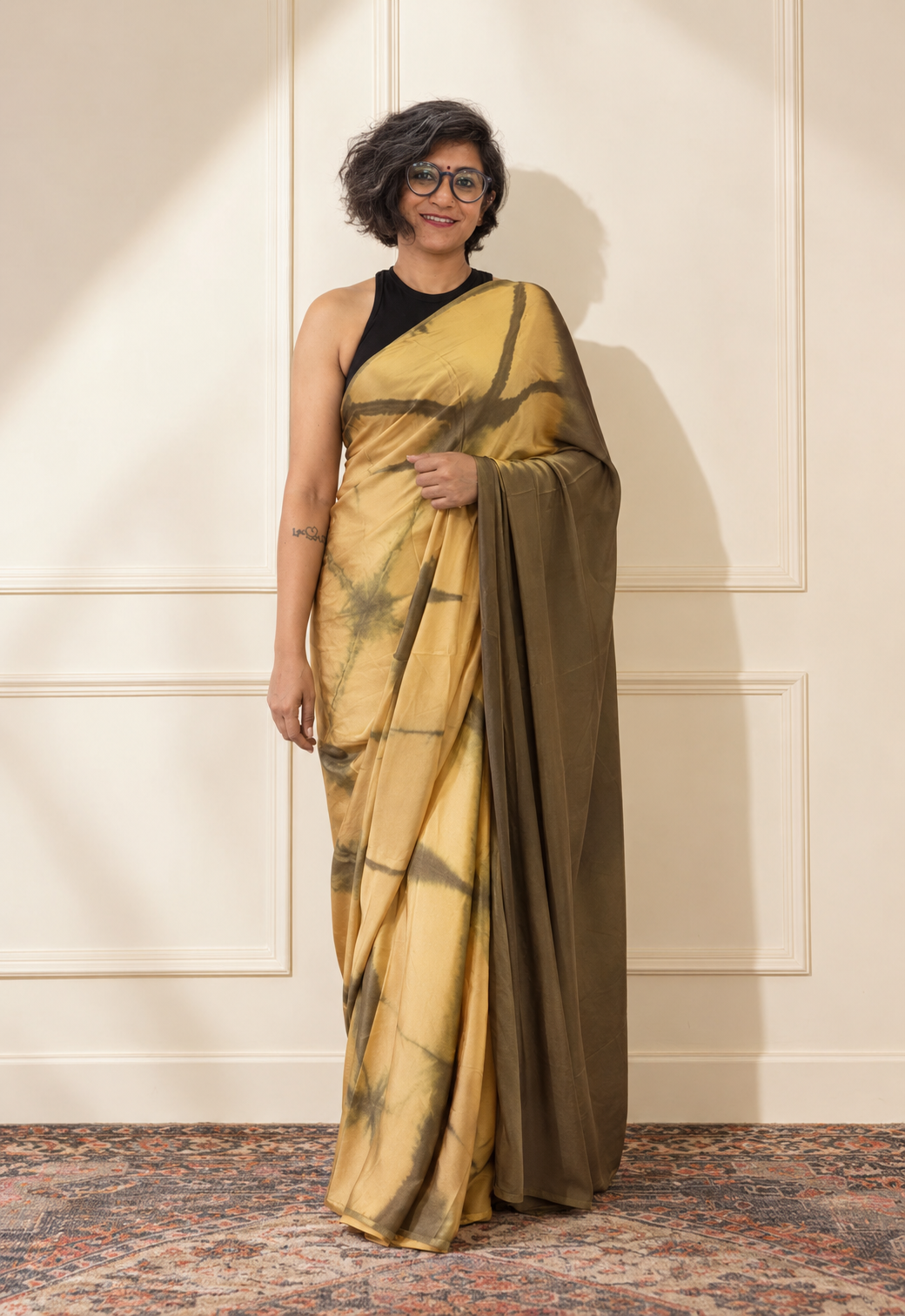 Mustard and olive green modal Silk with Shibori