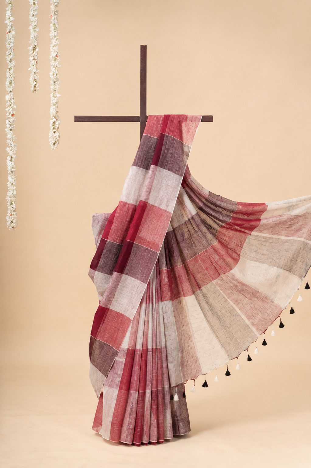 Red Wine ivory block linen by linen Saree