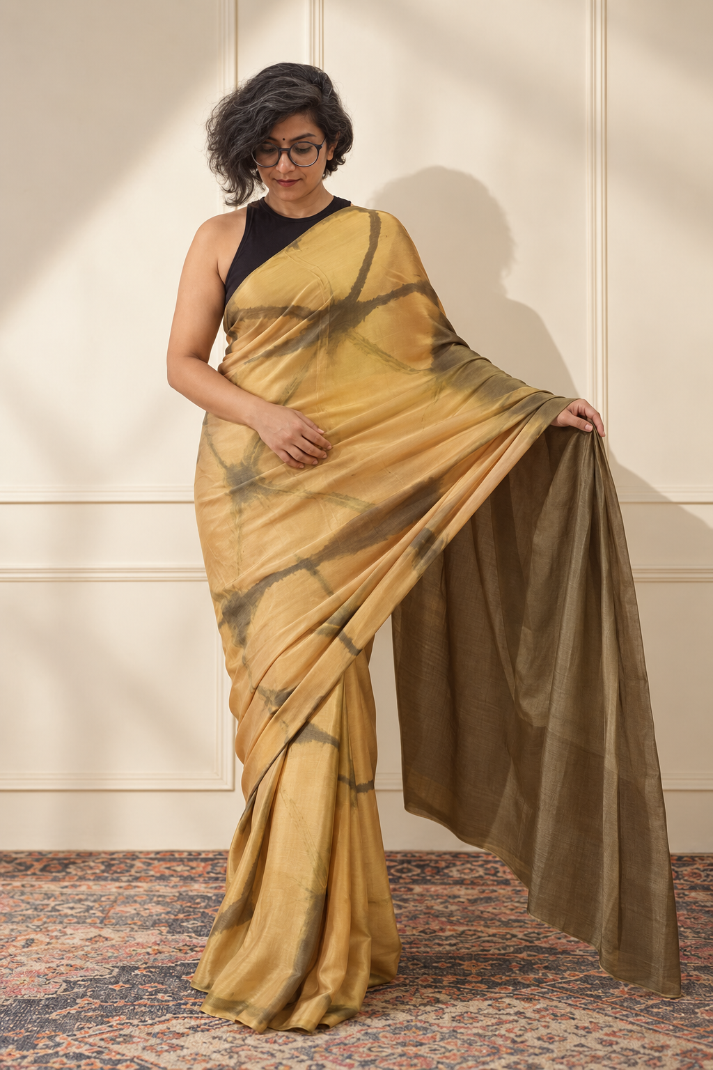 Mustard and olive green modal Silk with Shibori